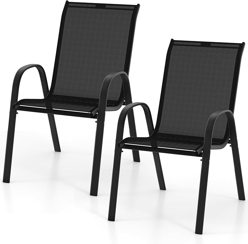 Juego de 2 sillas de comedor apilables para patio con reposabrazos y respaldo alto | Sillas de exterior negras con tela transpirable, estructura de acero metálico y respaldo ergonómico para terraza de jardín junto a la pileta