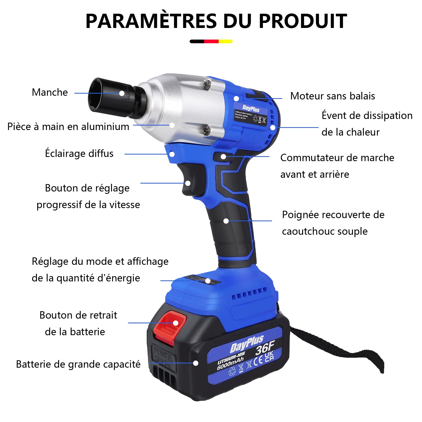 Clé à Chocs, 420Nm Clé à Chocs Sans Fil Brushless, 21V Visseuse à Chocs, Boulonneuse a Choc Électrique avec 6.0Ah Batterie, Visseuse à Chocs D'impact avec 4 Douilles, pour Retrait des Boulons de Roue