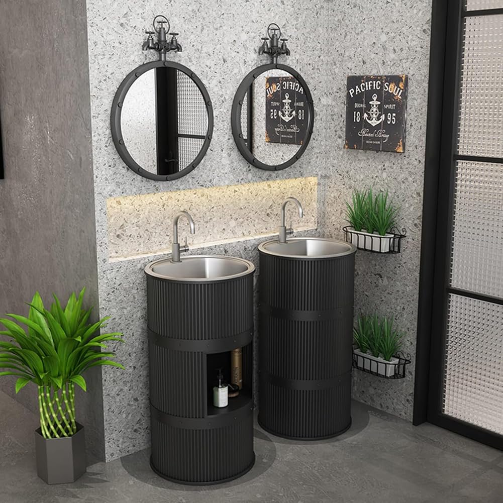 ZTGL Lavabo de Pie, Mueble de Baño Pequeño con Lavabo de Acero Inoxidable, Moderno Muebles de Baño Lavabo Estilo Industrial Diseño de Hierro Forjado Lavamanos Pedestal,Plata