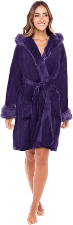 Alexander Del Rossa Womens Plush Fleece Hooded Robe with Pockets, Bathrobe