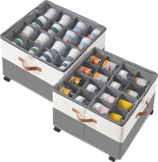 INSTY 2 Pack Shoe Organizer with Wheels for Closet, Fits up to 32 Pairs, Adjustable Dividers for Shoe Storage, Fabric Shoe Storage Bins with Clear Cover, Beige and Grey