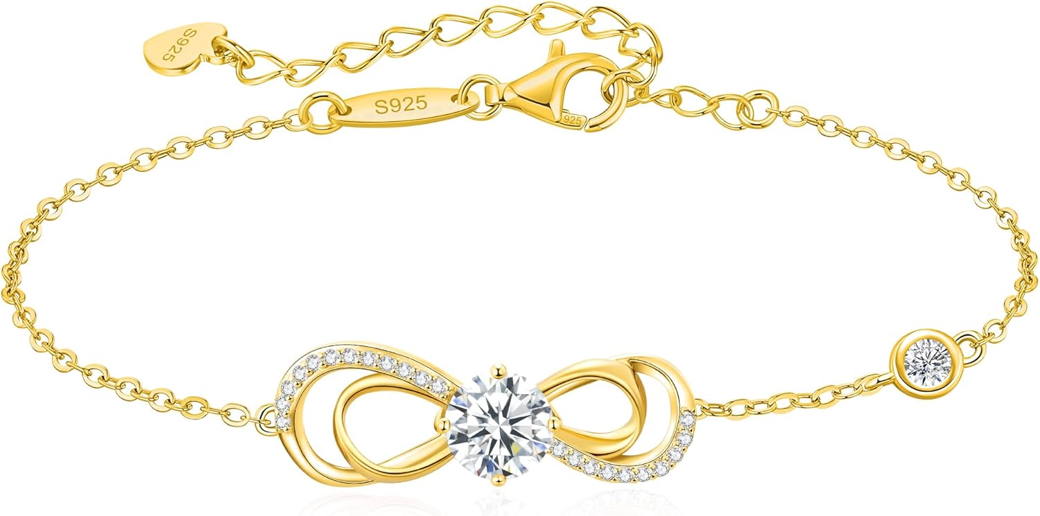 Moissanite Infinity Heart Bracelets for Women,925 Sterling Silver,18K Gold Plated,Adjustable Anniversary Birthday Fine Jewelry Gifts for Wife Her Mom