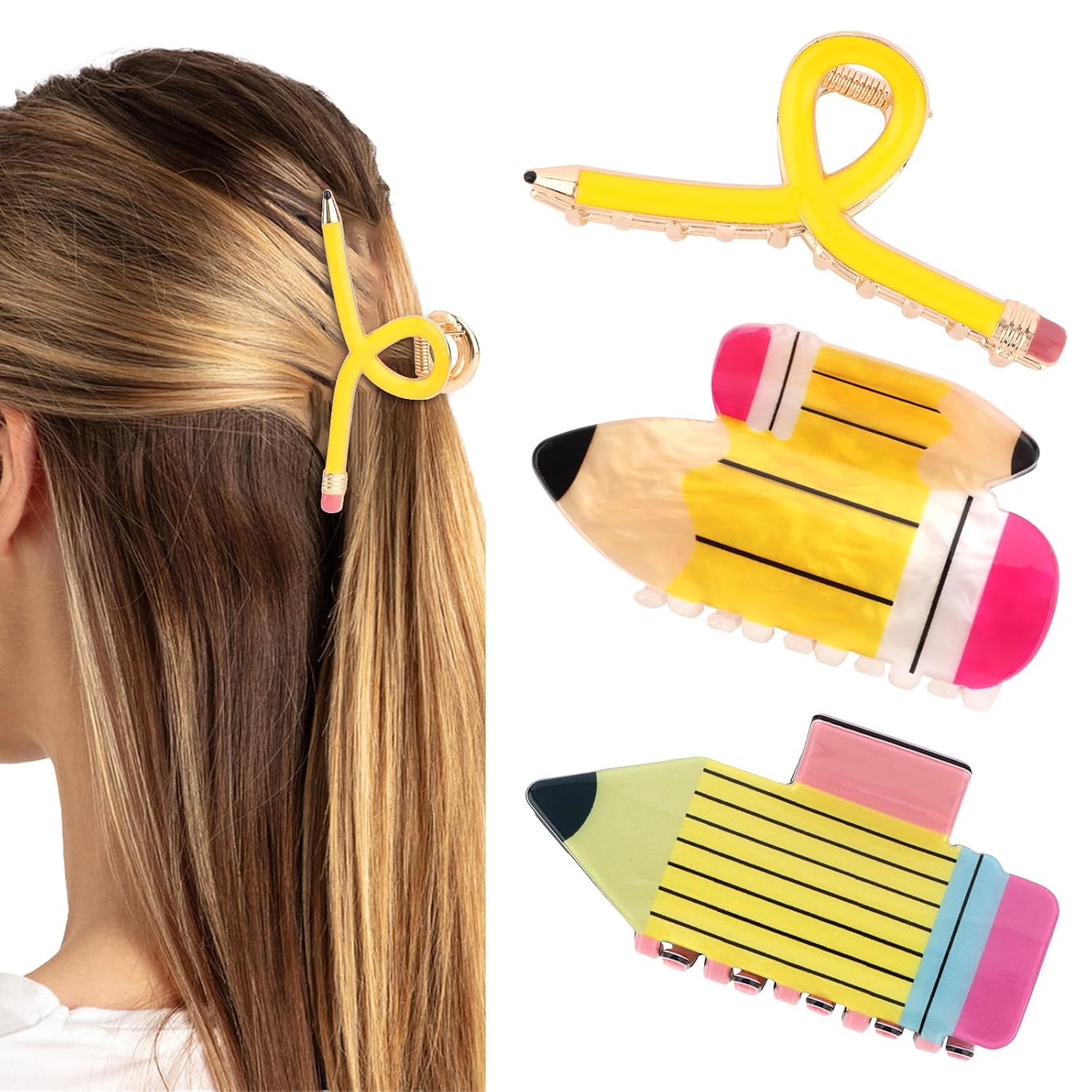Jaciya Pencil Hair Claw Clips Teacher Hair Clips for Women Cute Teacher Hair Accessories Yellow and Gold with Pink Accent