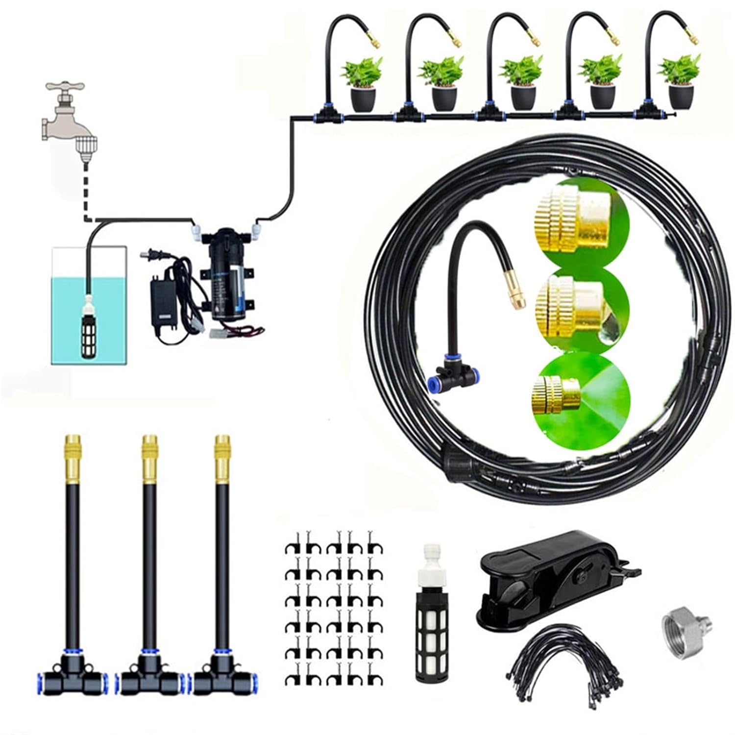 Outdoor Misting Cooling System for Patio with Pump, Garden Irrigation System Kit with Flexible ﻿Adjustable Brass Nozzles(32M(105ft))