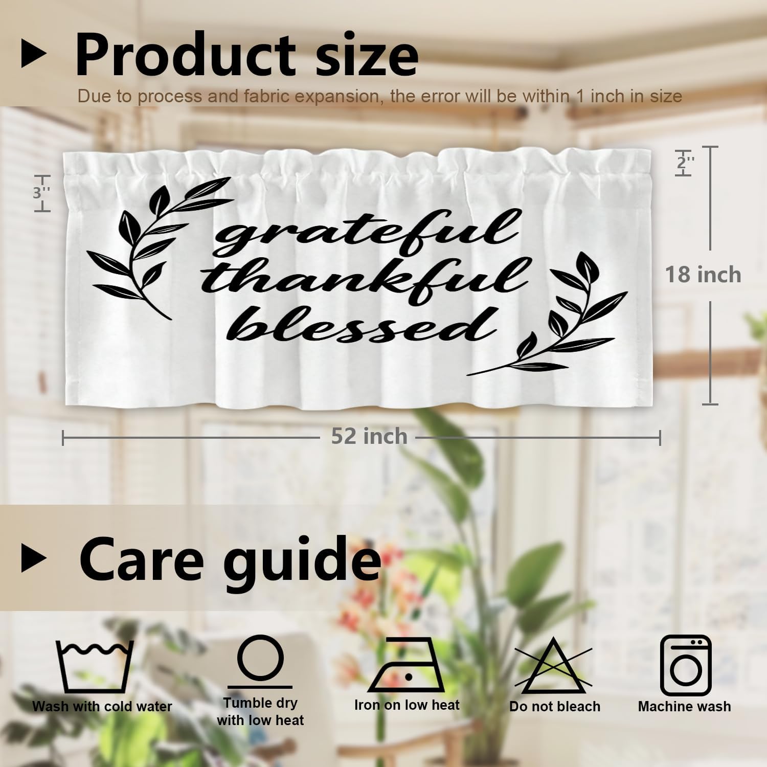 Inspirational Quote Love Kitchen Valances Half Window Curtain, Inspirational Thanksful Quote Message Blackout Decoration Valances Curtains Drapes for Kitchen Bedroom, 52 X 18 Inch