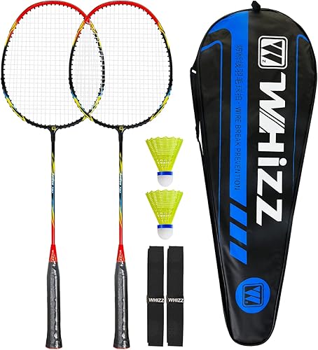 QICHUAN Whizz - Juego de 2 raquetas de bádminton para juegos recreativos, raqueta para principiantes, incluye 2 pájaros de nailon, 2 cintas de agarre