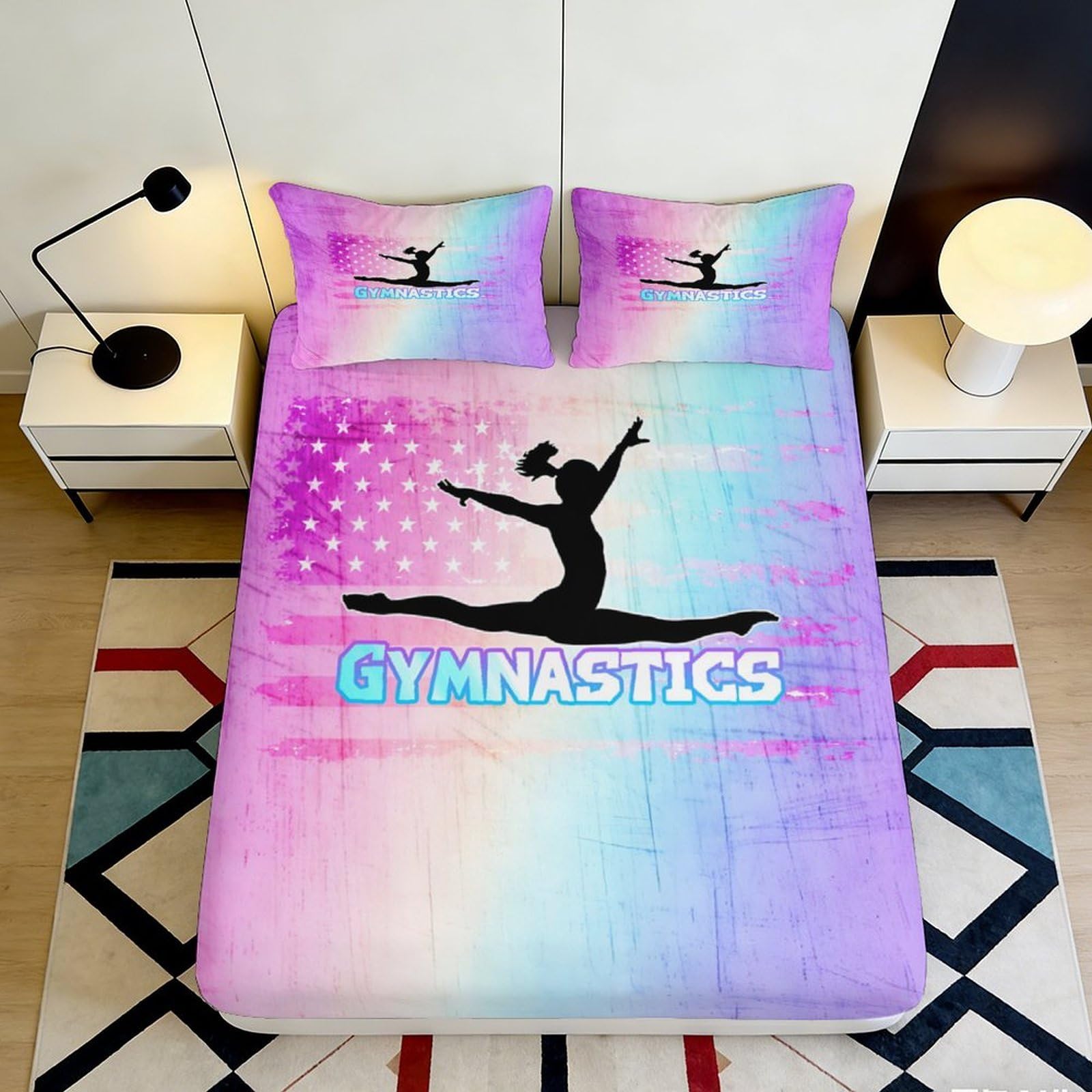 Pnayamiorkfel Style-2 3D Printed Gymnastics Silhouette Fitted Sheet Microfiber Star Gradient Bed Cover For Bedroom Guest Room Decor Protection 90X200x25cm