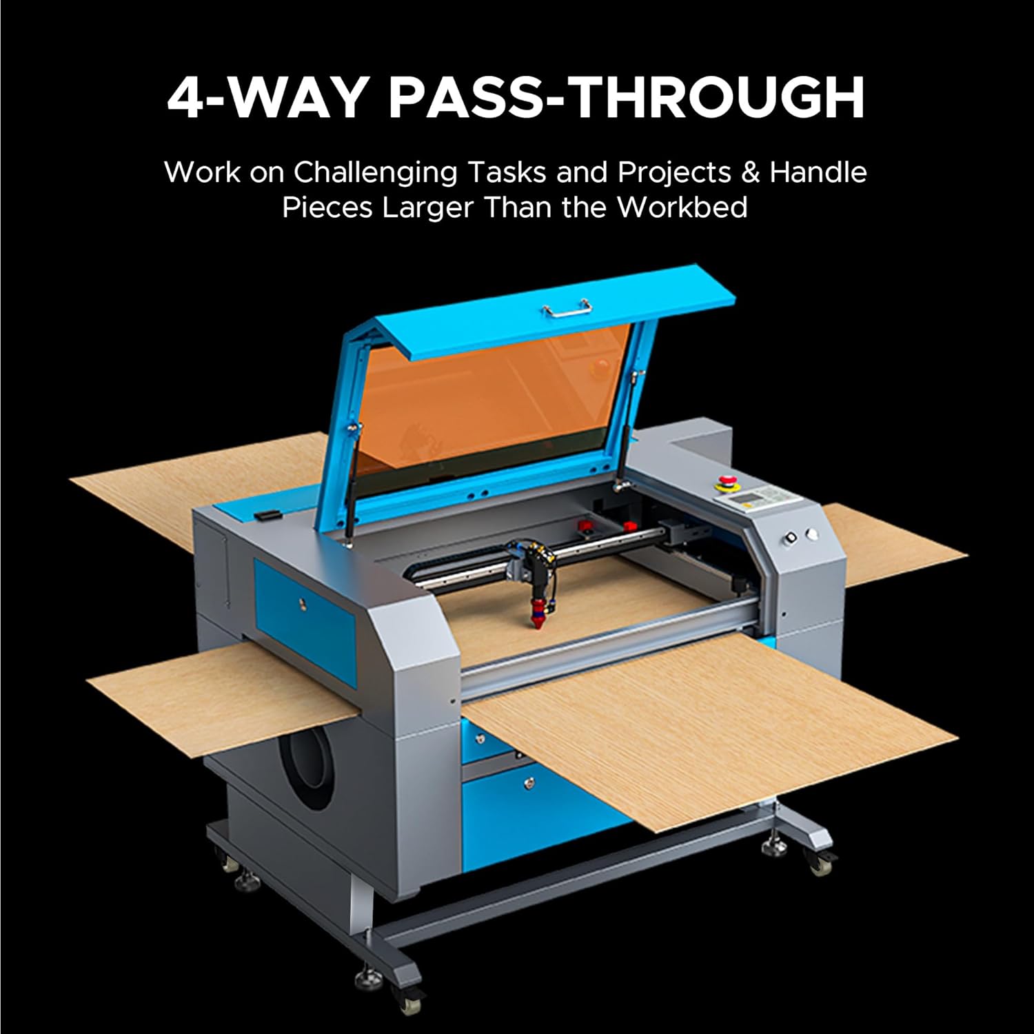 OMTech laser engraver demonstrating 4-way pass-through capability for large materials.