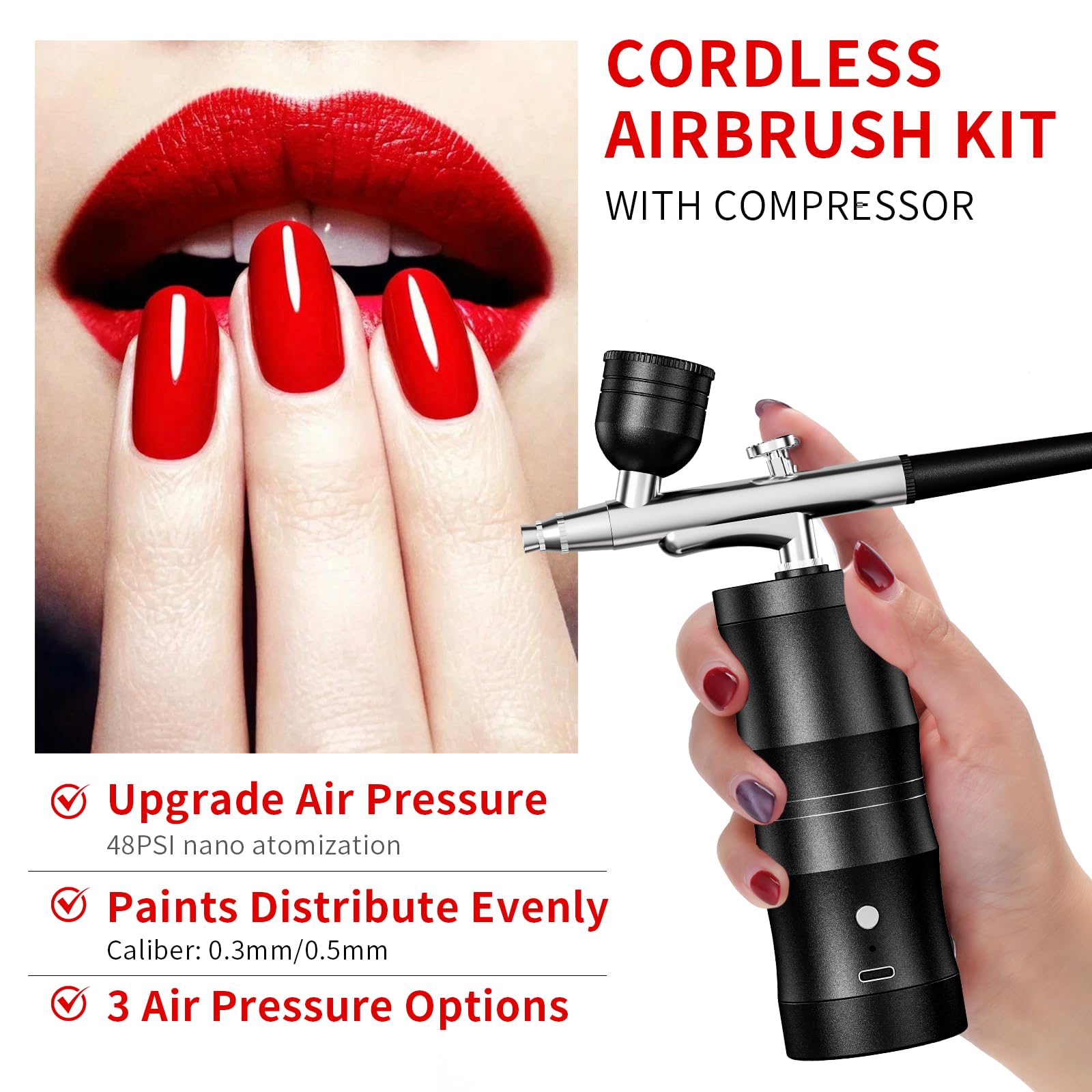 Kit de aerógrafo con compresor, kit de aerógrafo portátil de 48 PSI, juego de cepillo de aire de alta presión sin obstrucción, inalámbrico recargable con boquilla de 0.3 mm y cepillo de limpieza para