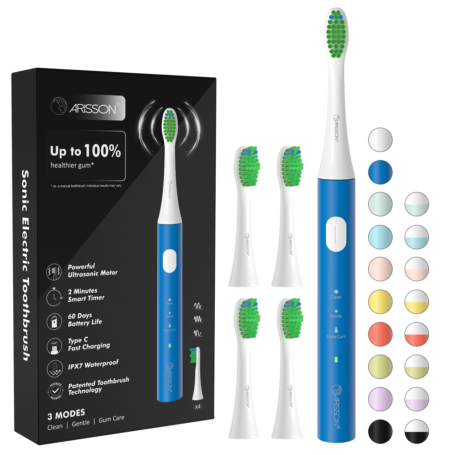 Arisson Sonic Electric Toothbrush for Adults and Kids with 4 Brush Heads, Type C Fast Charging, 40,000 VPM, 3 Mode with 2 Minutes Smart Timer, 1.6 Oz-White on Azure Blue-image-49