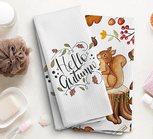Miniatura 2 de Toallas de cocina de otoño, toallas de mano de otoño, decoraciones de otoño, figuras de animales del bosque, erizo, hojas de ardilla, hongos,