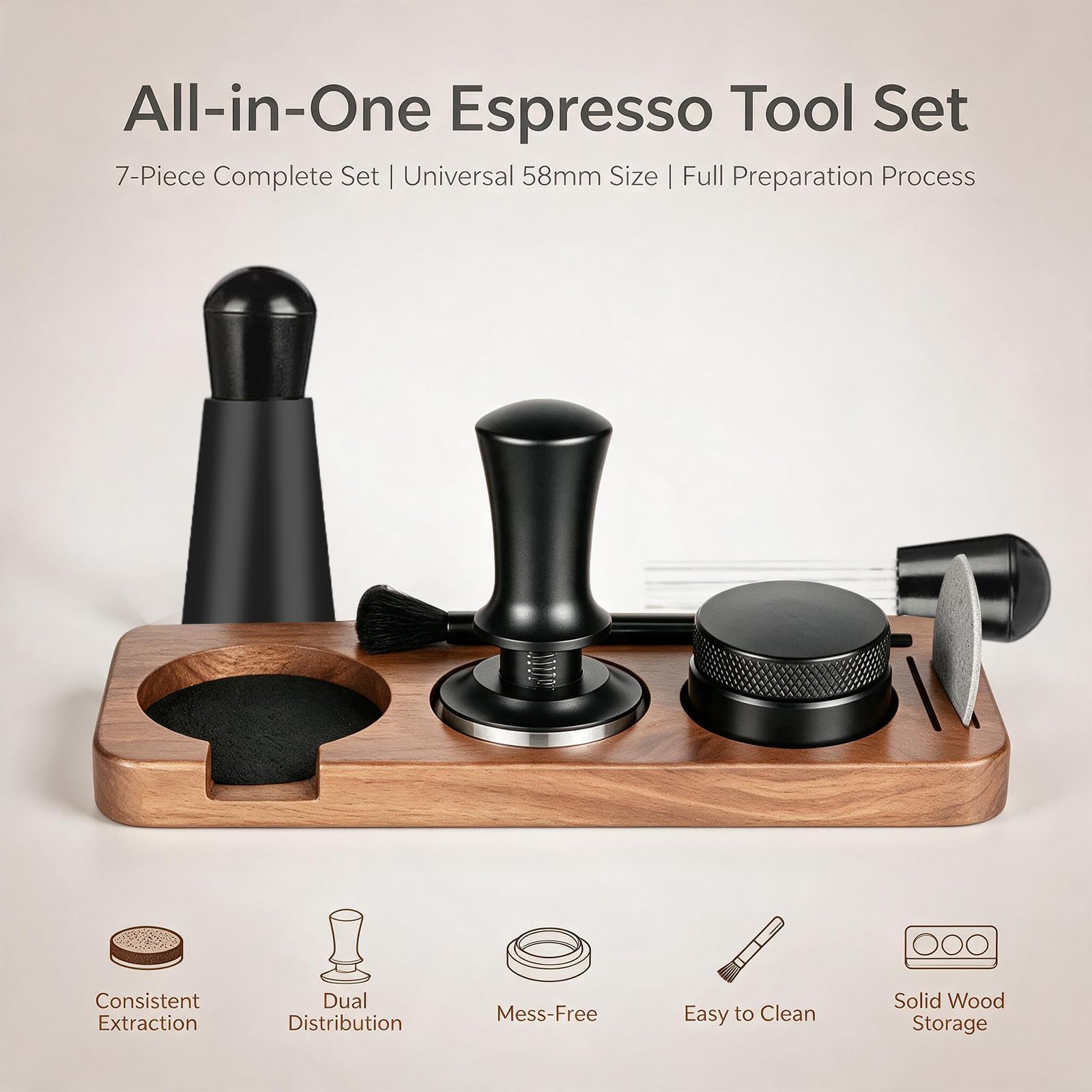Tamper do espresso 51 mm, 7 sztuk z igłą do espresso, tamper i dystrybutor, matą do ubijania kawy, pierścień dozujący, igły, puck screen, stacja tampera i szczotka do czyszczenia ekspresu do espresso