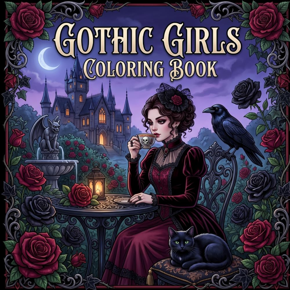 Gothic Girls and Rose Castles: 40 Cute Gothic Fantasy Scenes Featuring Victorian Girls, Roses, Ravens, Black Cats, Castles, Tea Parties, and Magical Adventures