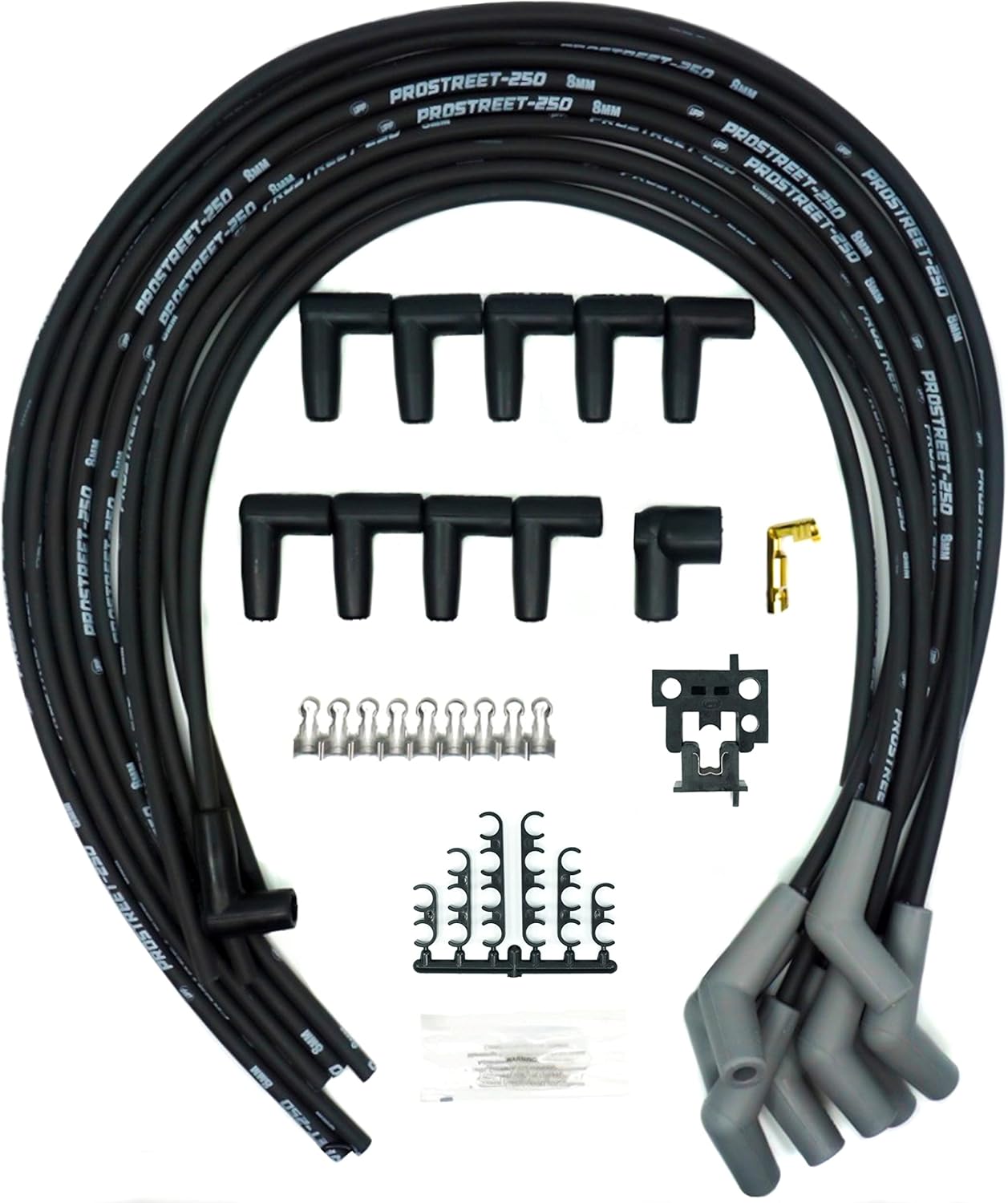 UPP - PROSTREET-Black 8mm Silicone High Performance Racing Universal V8 Spark Plug Wire Set-250 ohm Core-135 Degree Boots-Wire Stripper/Crimper Included Fits Chevy and Ford V8 Engines