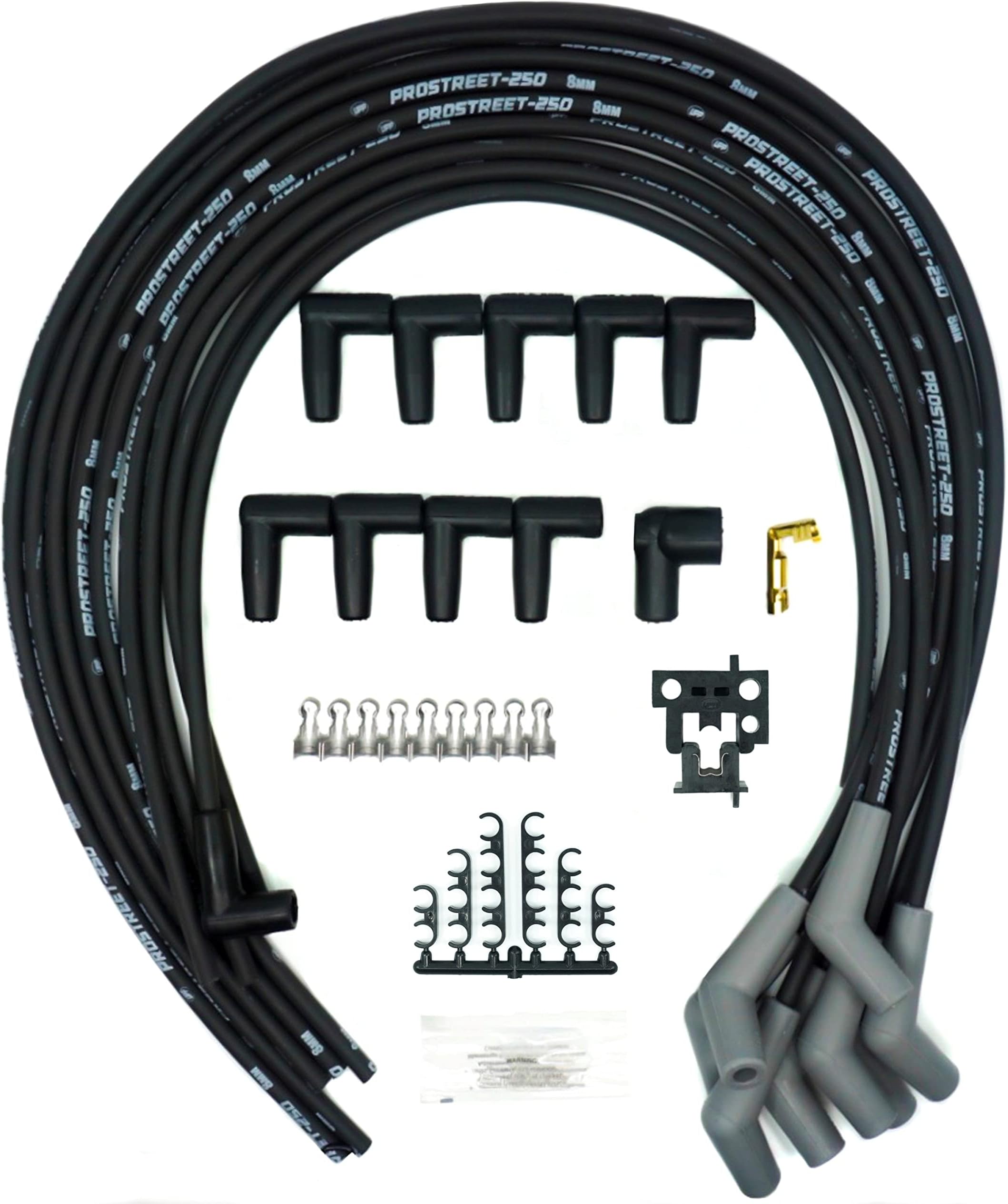 UPP - PROSTREET-Black 8mm Silicone High Performance Racing Universal V8 Spark Plug Wire Set-250 ohm Core-135 Degree Boots-Wire Stripper/Crimper Included Fits Chevy and Ford V8 Engines