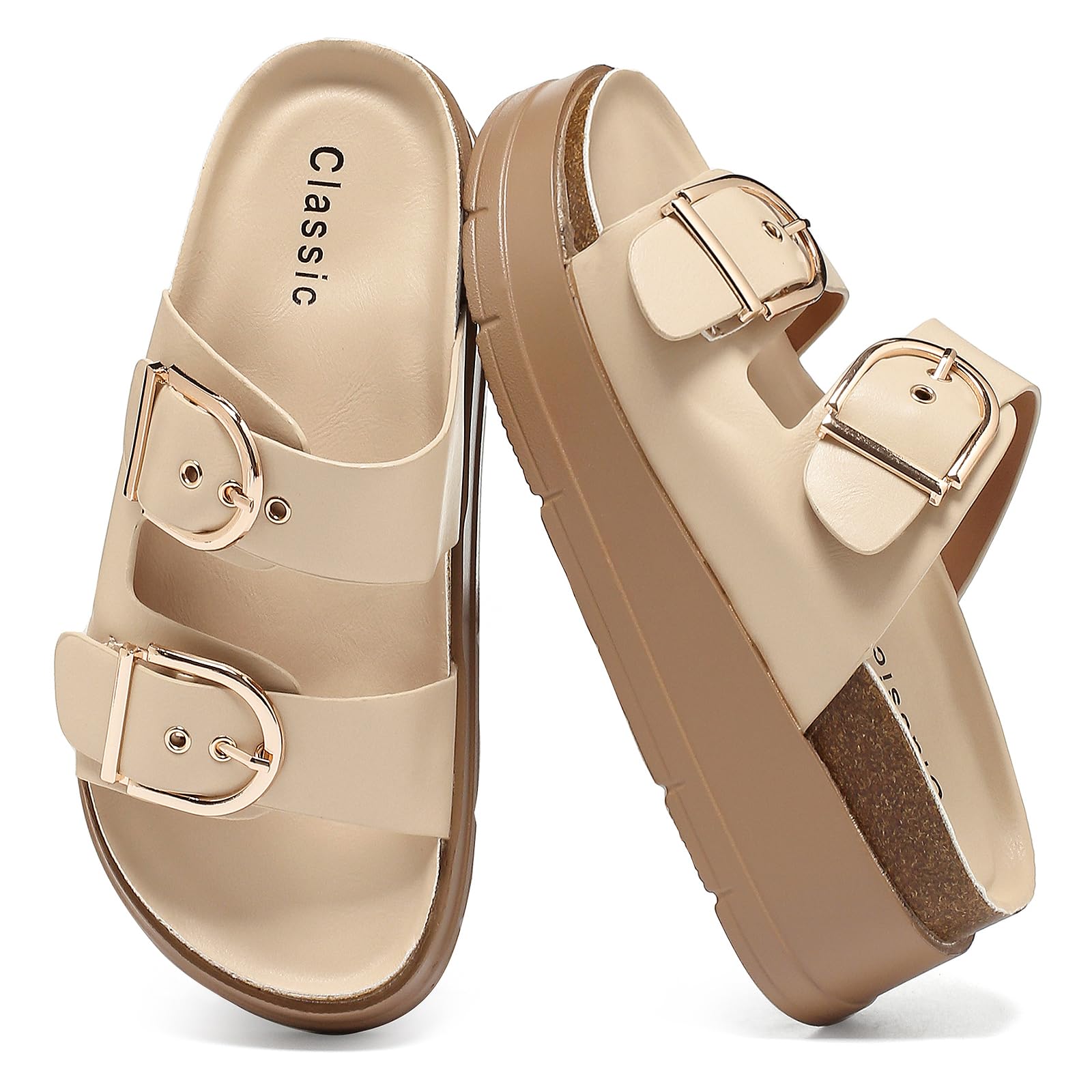 Otoepazm Plattform Sandalen Damen Mit Verstellbare Rieme Schnalle, Dicke Sohlen Pantoletten Mit Kork Fussbett, Plateau Strand Schuhe, Sommer Hausschuhe Leicht, Komfort Schlappen Rutschfest
