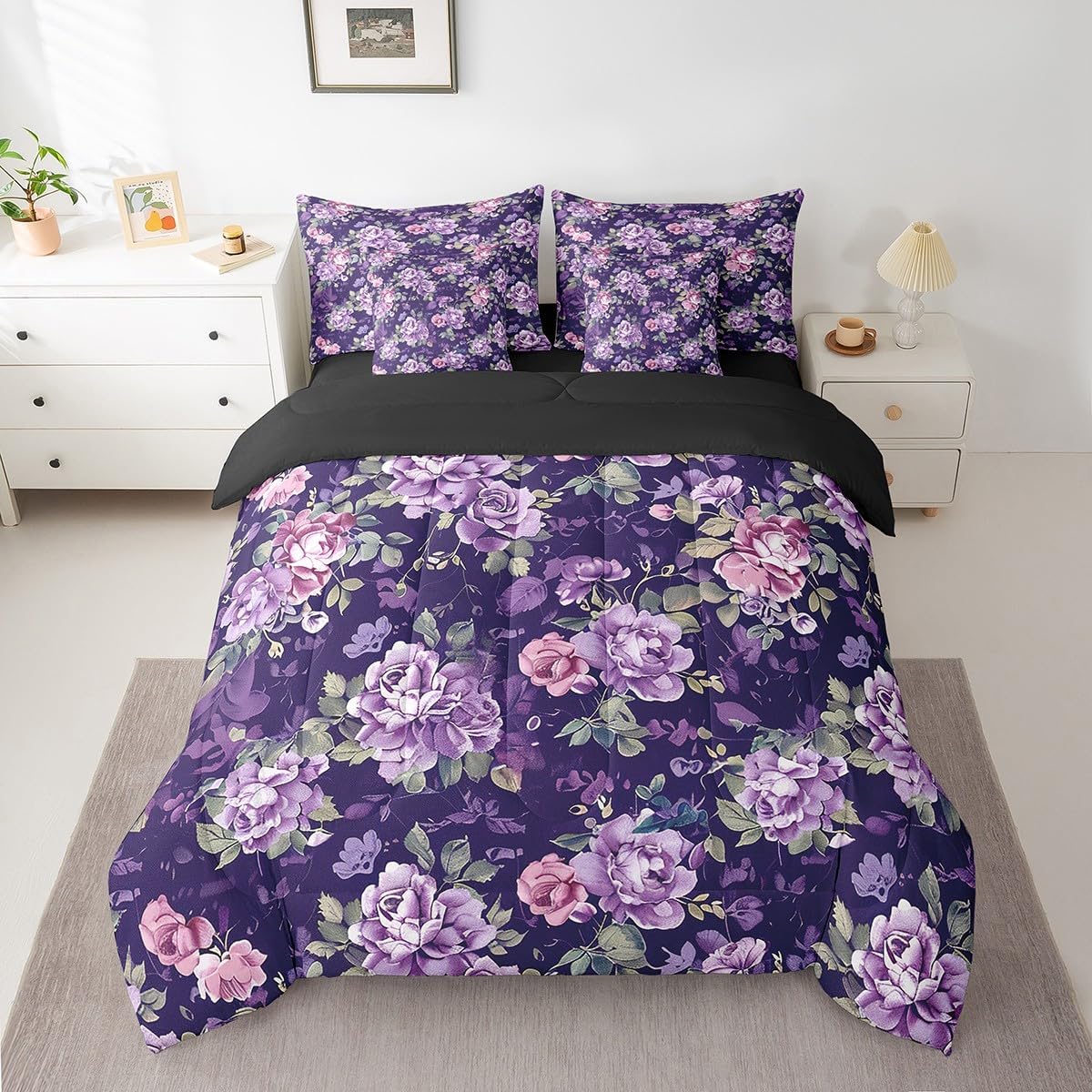 Feelyou Retro Rose Floral Print Bedding Set King Vintage Garden Flower Comforter Set 7 Pieces Botanical Herbs Flower Watercolor Blossom Bed in Bag Purple Bed Set with Comforter Sheet Set Pillowcases