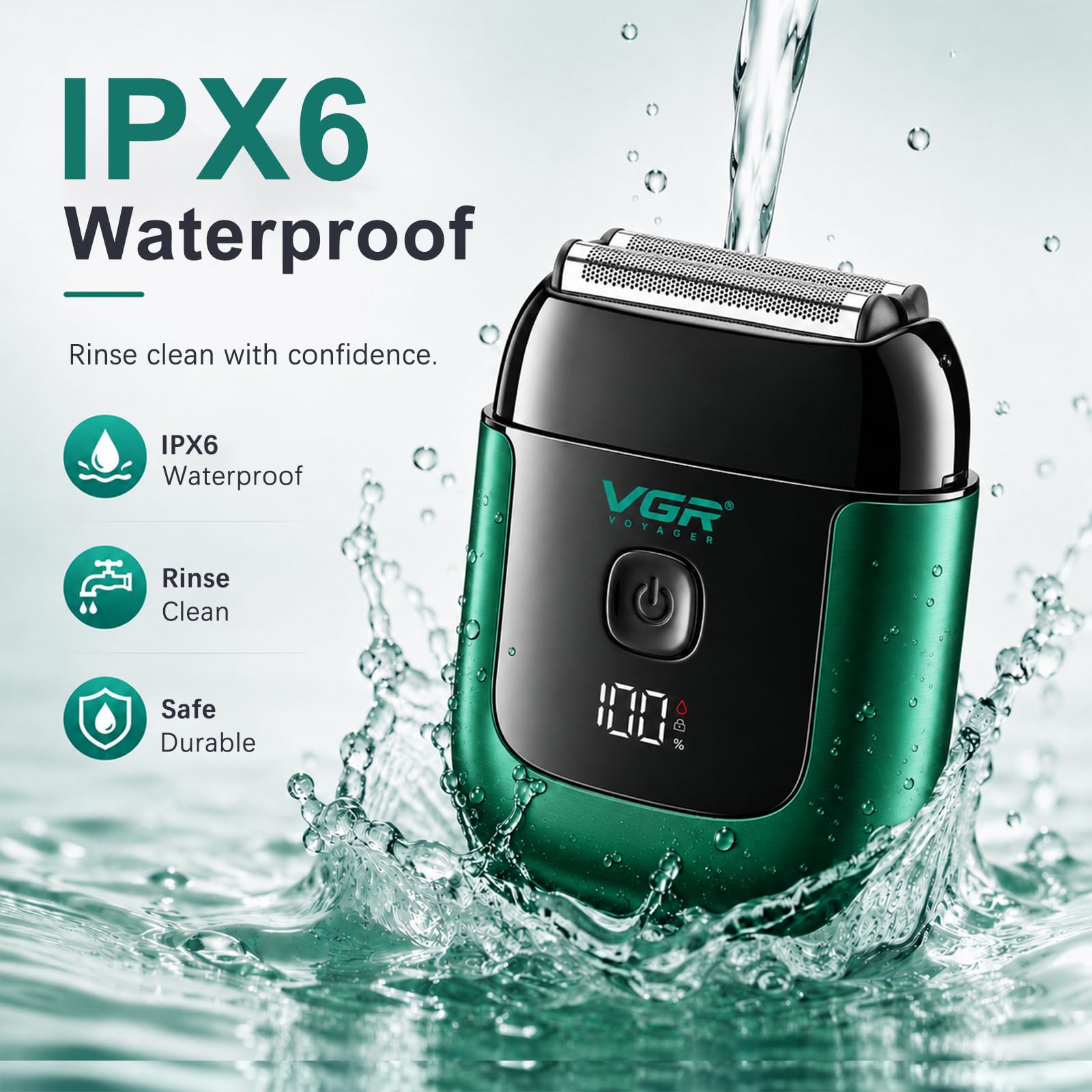VGR 380 Rasoio elettrico portatile Mini con lamine flessibili, impermeabile IPX6, ricaricabile tramite USB, con display a LED e blocco di sicurezza per il viaggio,verde