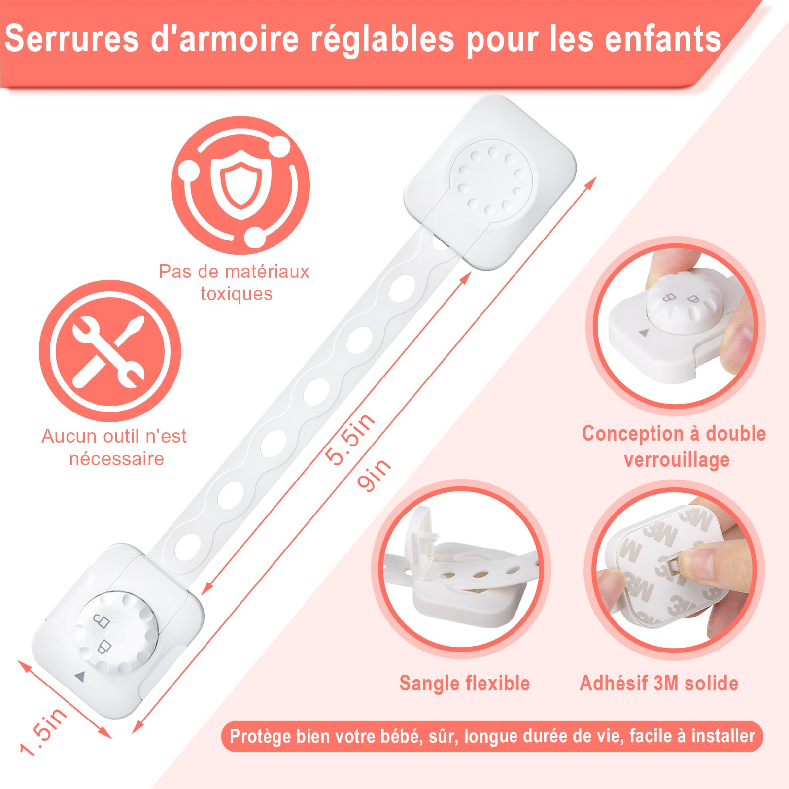 REDTRON Lot de 6 Bloque tiroir sécurité enfant bébé, Verrouillage amélioré, Blanc, sans outil pour tiroir four toilettes réfrigérateur