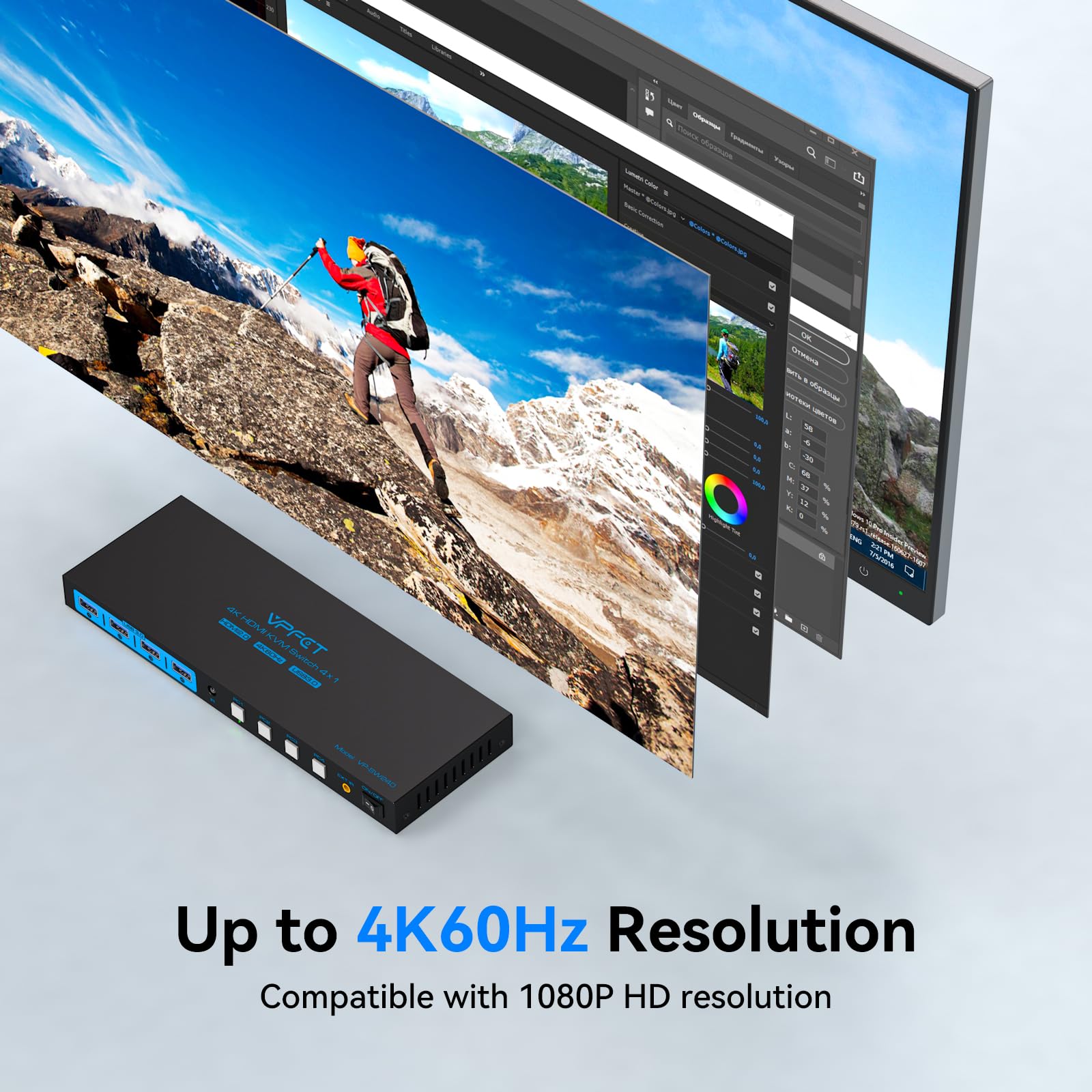 VPFET Przełącznik KVM HDMI dla 4 komputerów i 1 monitora, USB 3.0, obsługa 4K przy 60 Hz, symulacja EDID, przełącznik KVM 4x1 do 4 komputerów, 1 monitor i 4 porty USB, mysz i drukarka z 4 kablami USB