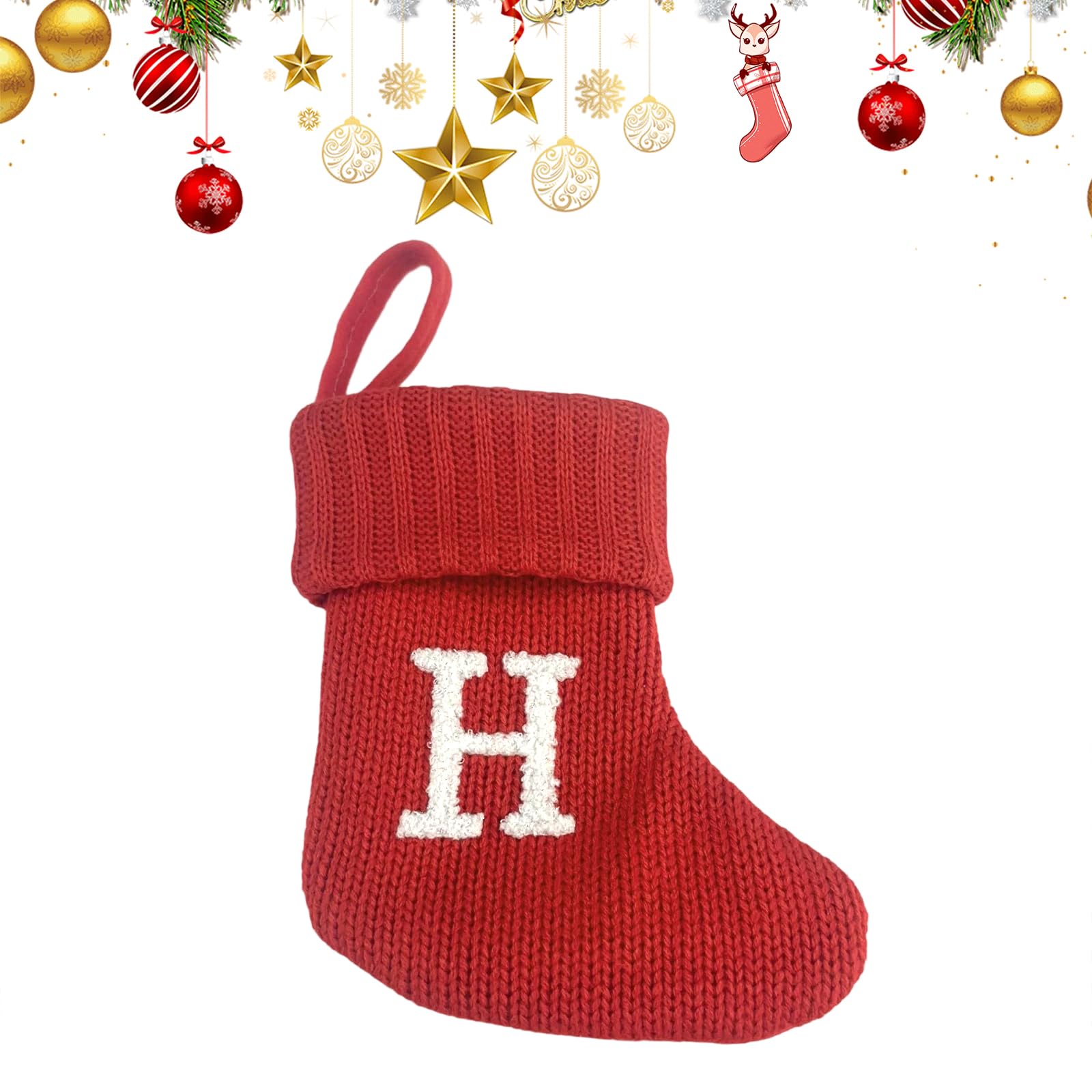 Uoaesr H Christmas Stocking, Knitted Festive Sock Wit Embroidered Letter, 18X15cm Personalized Christmas Stockings, Anging Stocking For Fireplace & Tree Decor, Personalised Gift Bag (H)