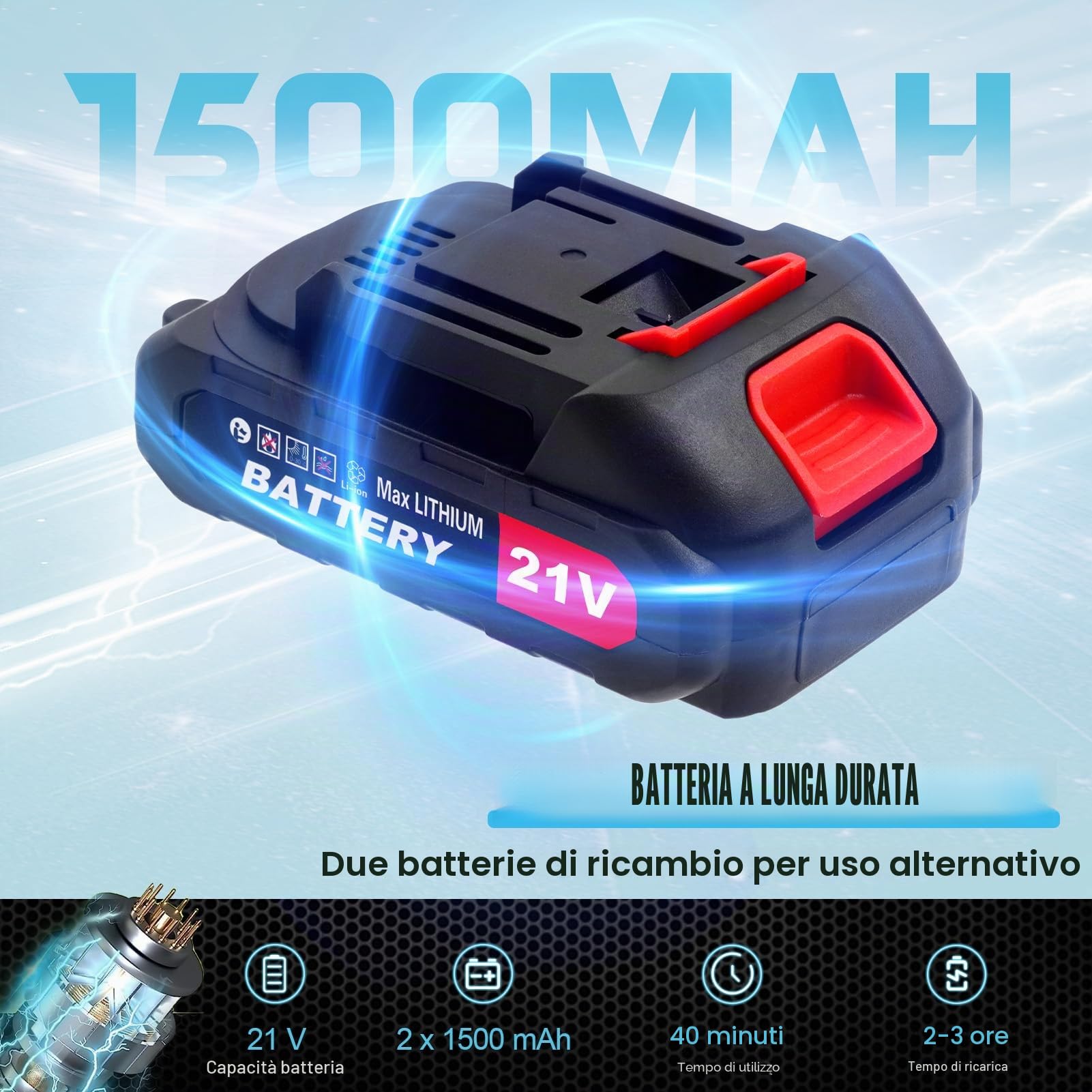 Tagliasiepi a batteria, 21 V, elettrico da giardino, batteria con 2 batterie e caricabatterie, lunghezza di taglio 50 cm, distanza tra i denti 17 mm, lama doppia azione, con display LED, custodia