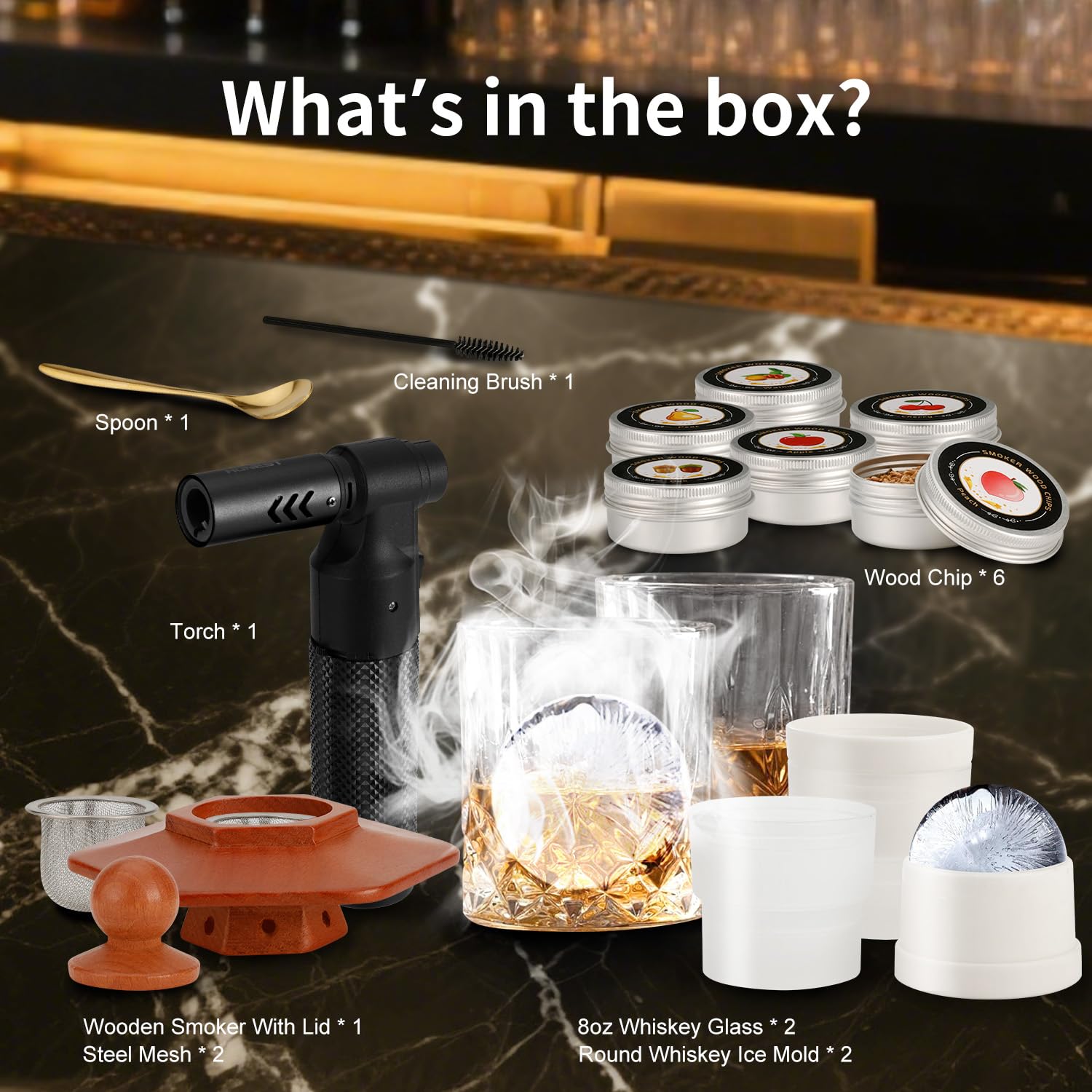 Kit de ahumador de cóctel con antorcha, 6 sabores, chips de madera, 2 vasos, 2 moldes de bolas de hielo, kit de infusor de ahumador de whisky, kit de ahumador de bebidas antiguas, regalos de whisky