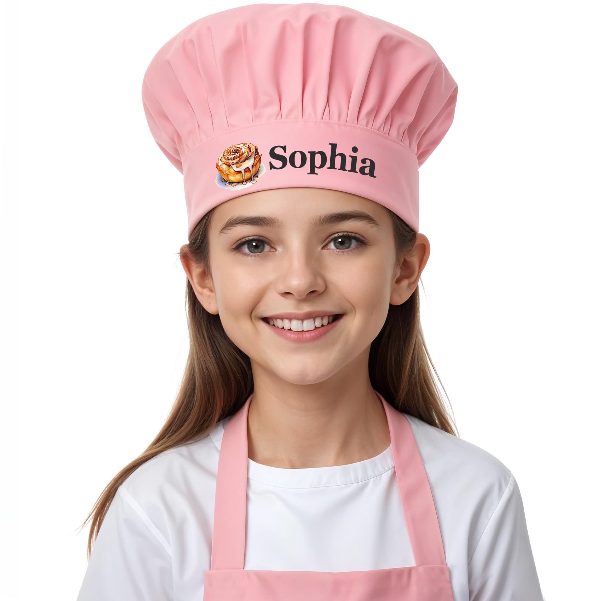 Personalized Kids Chef Hat, Custom Cinnamon Kids White Chef Hat and Apron, Customized Toddler Chef Hat, Elastic Band Junior Chef Hat for Kitchen, Kids Kitchen Gear - White, Black, Red, Purple, Pink