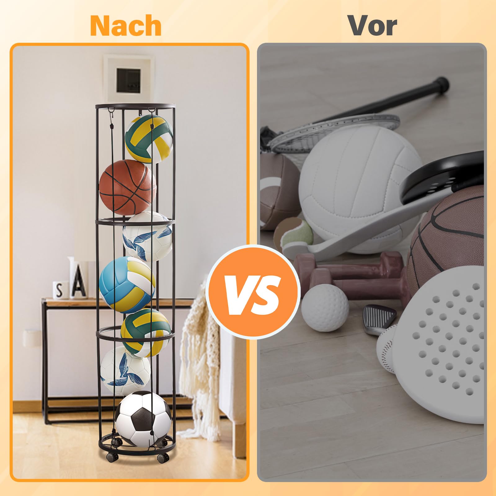 Ballständer mit Rollen Sparende Abnehmbare Stehend Ballhalter, Garage Ball Aufbewahrung Sports Storage für Volleyball Fußball Basketball Ballhalterung Wand Storage (Schwarz)