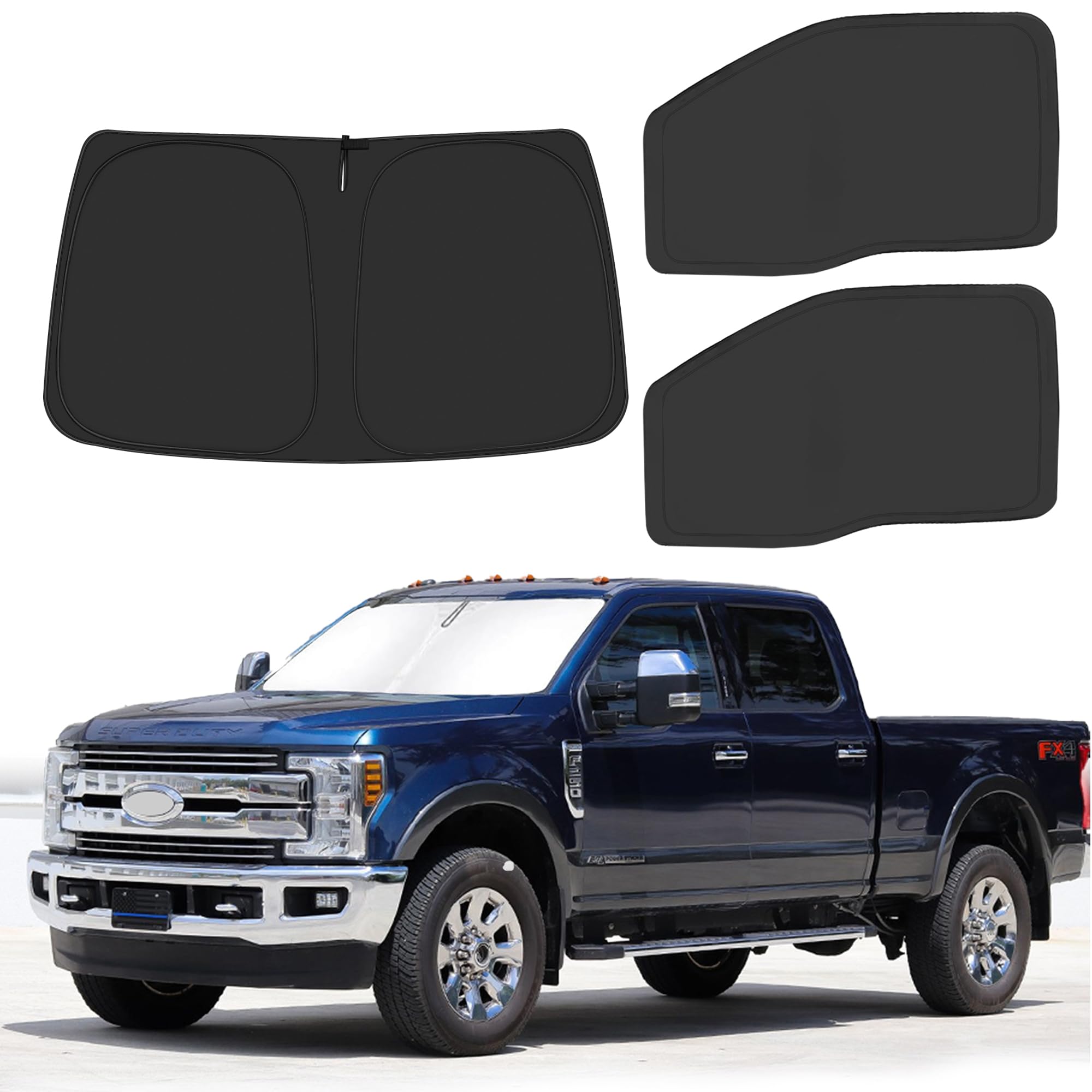 Front Windshield ＆ Side Window Sun Shade for 2017-2022 Fo-rd F250 F350 Super Duty 2Dr 4Dr Pickup, Foldable Window Sunshade Sun Visor Protector, Window Shades Blocks UV Rays Heat, Pack of 3