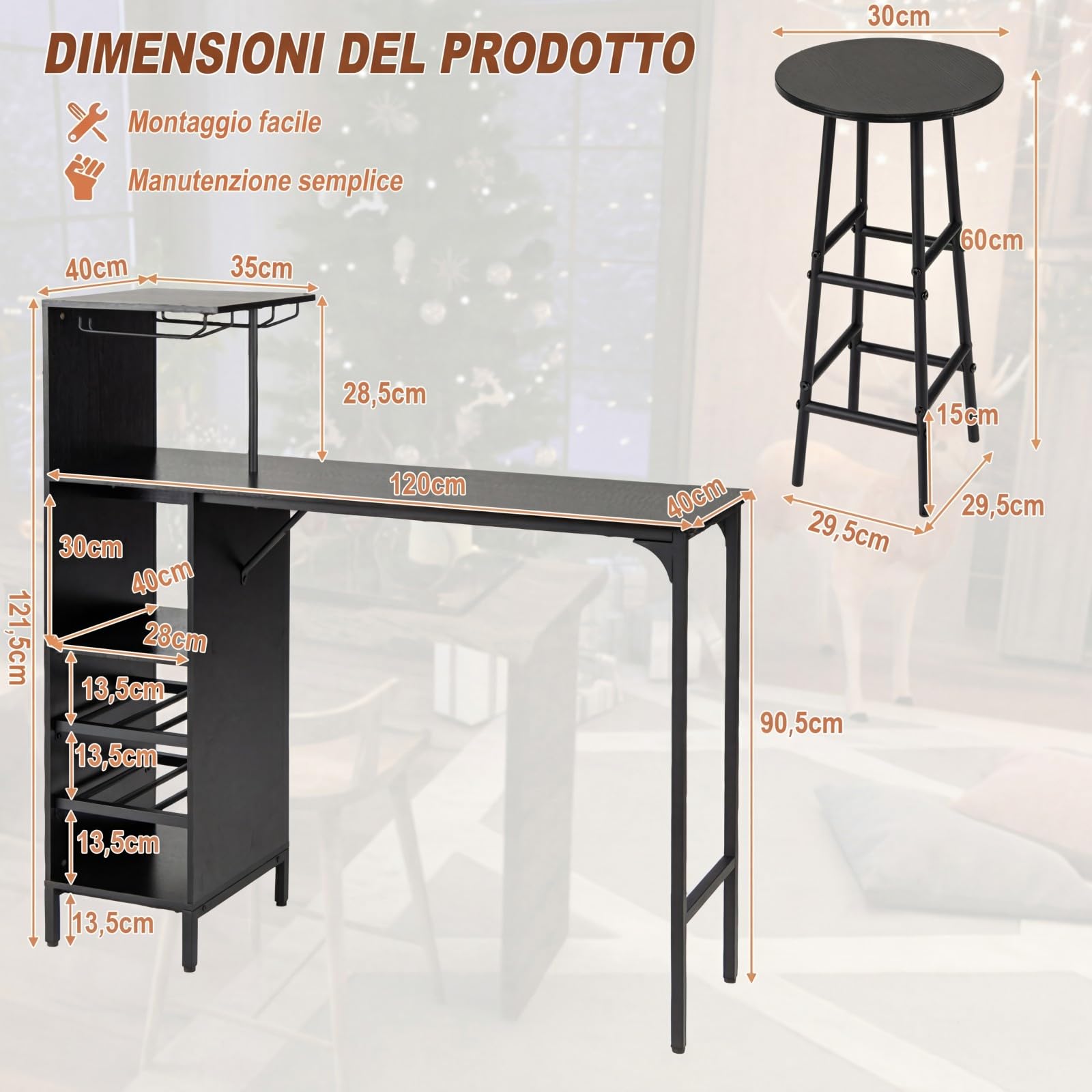COSTWAY Set 3 Pezzi Tavolo e Sedie da Bar, Tavolo e Sgabelli da Pub Industriale con Porta Calici e 6 Portabottiglie da Vino, Set di Tavolo per Sala da Pranzo, Ristorante e Bar (Nero)