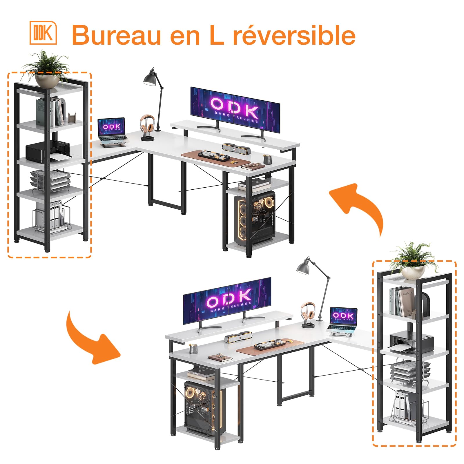 ODK Bureau avec étagère, Bureau en Forme De L avec Support D'écran Long, Blanc 140×137 Cm