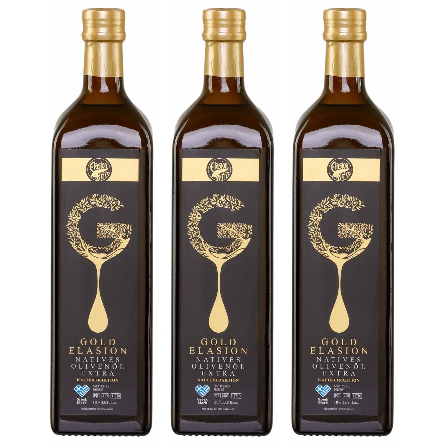 Elasion Gold Olivenöl 3x 1,0L Extra Nativ von Kreta 0,3% Säure | Griechisches Olivenöl kaltgepresst | 100% Koroneiki Oliven | Premium natives Olivenöl extra | + 20ml Jassas Olivenöl