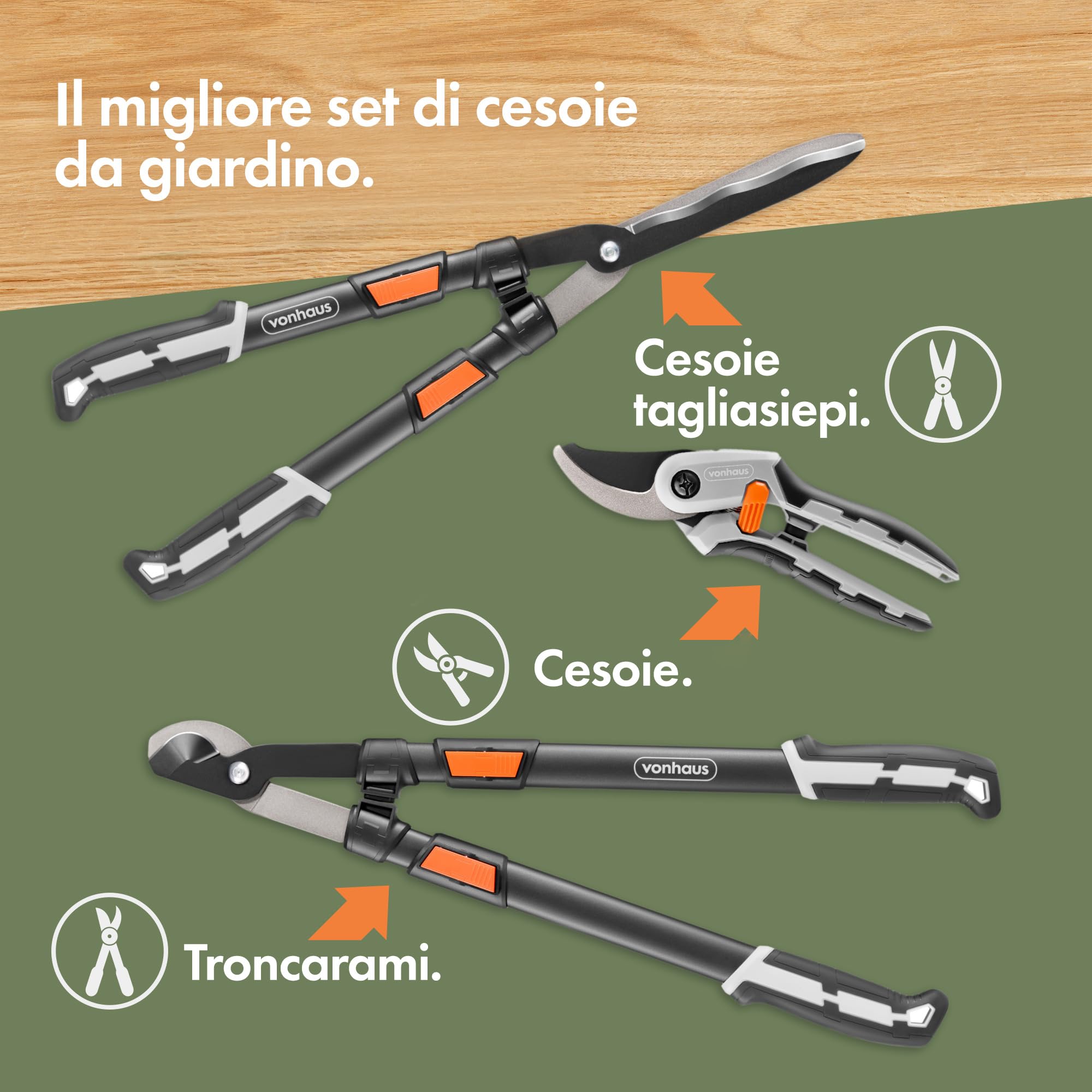 VonHaus Set Cesoie Potatura 3 Pz – Troncarami Telescopico, Cesoie per Siepi, Forbici da Potatura – Manici Telescopici Estensibili, Impugnatura Morbida, Leggeri - Attrezzi Giardinaggio