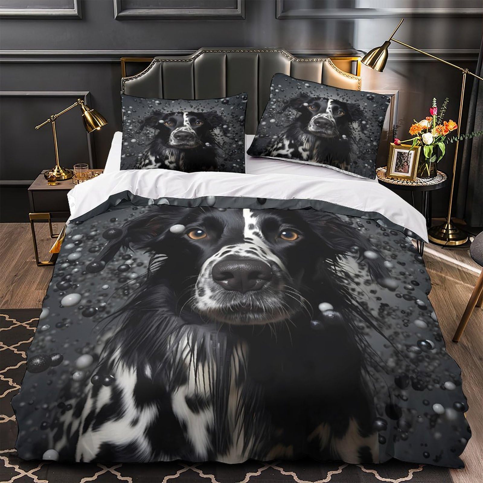 Housse de couette chien noir en microfibre respirante et ultra douce pour lit double