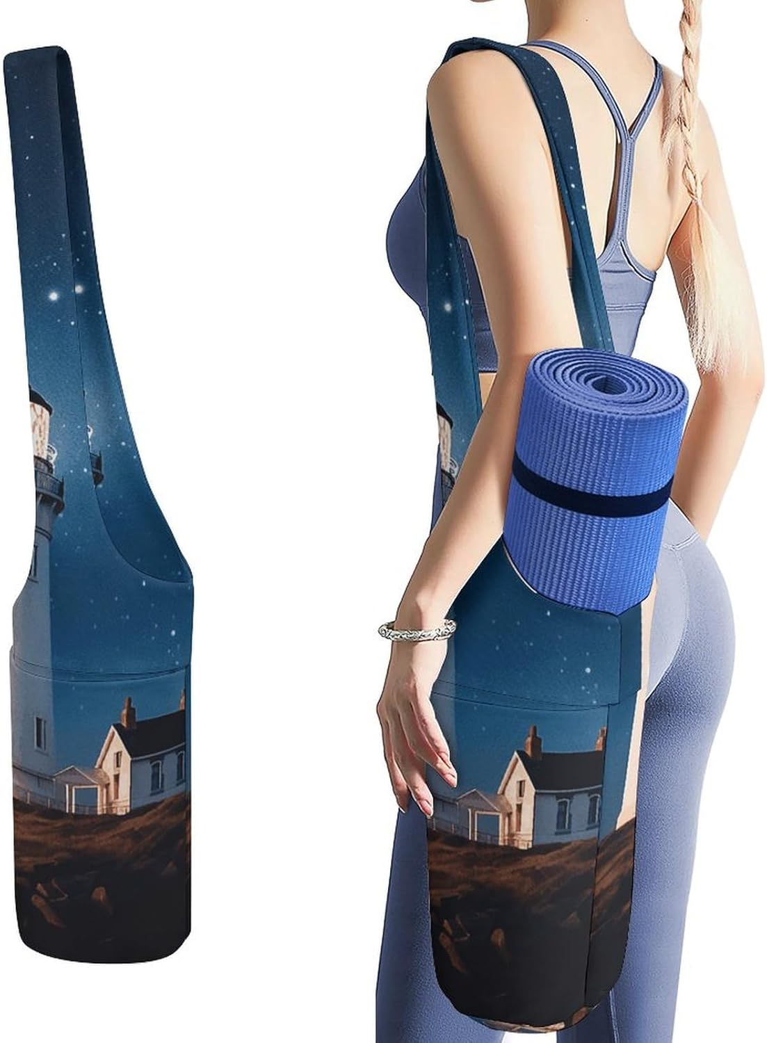 Lighthouse Under Starry Night Sky Yoga Mat Bag Yoga Backpack Multi Pocket Exercise Yoga Mat Carrier Multi-Functional Storage Bag for Pilates Beach Travel And Everyday Use