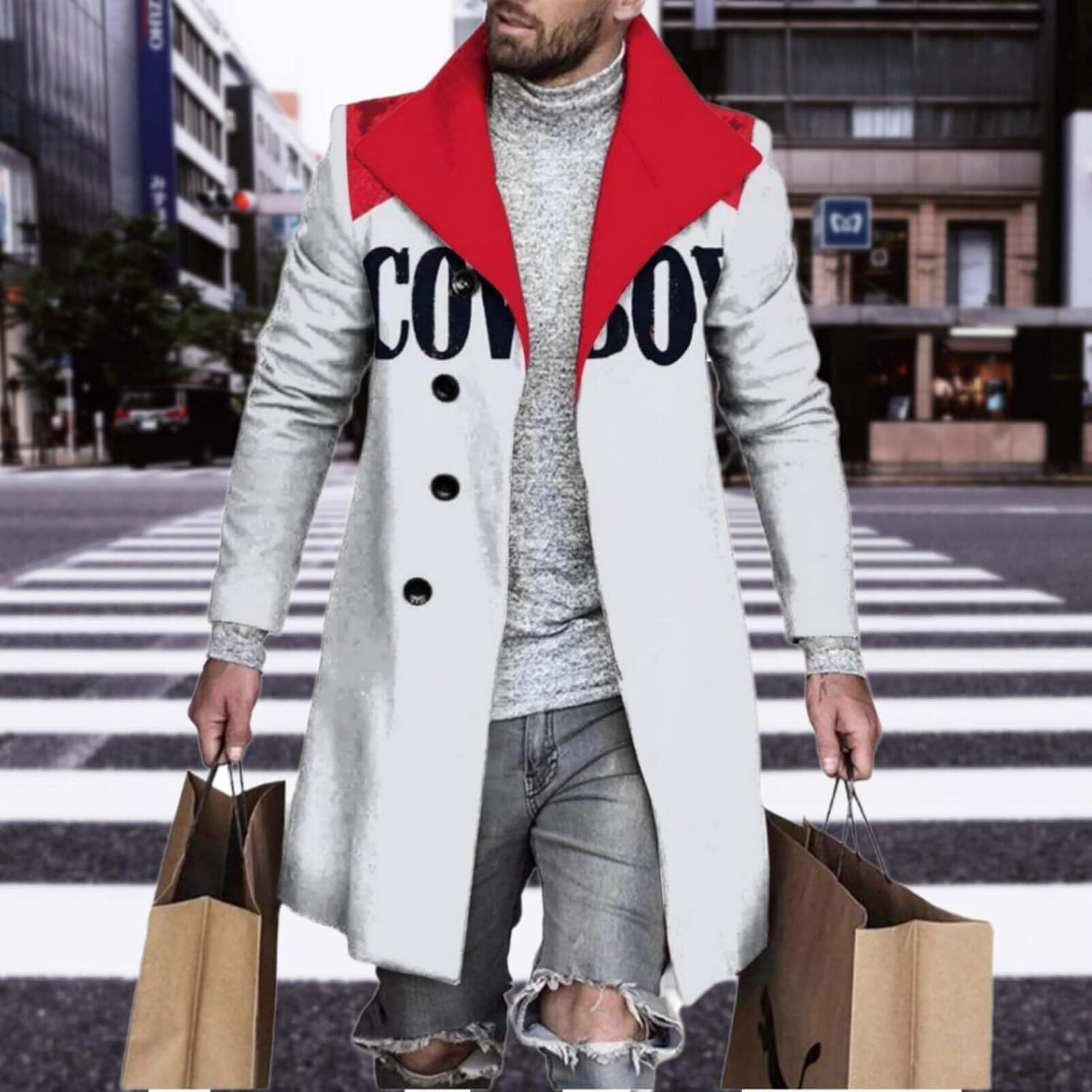Men's Plaid Long Trench Coat Mid - Length Lapel Collar Button Down Warm Overcoat for Winter & Autumn Fashion - Image 4