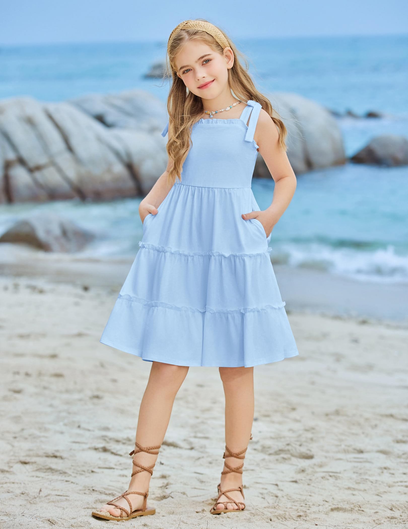 Arshiner Mädchen Kleider Fliege Trägerkleid Kinder Baumwolle Sommerkleid Ärmelloses A-Linie Swingkleid Schulterfrei Elegant Freizeitkleid für Mädchen 5-14 Jahre - 4