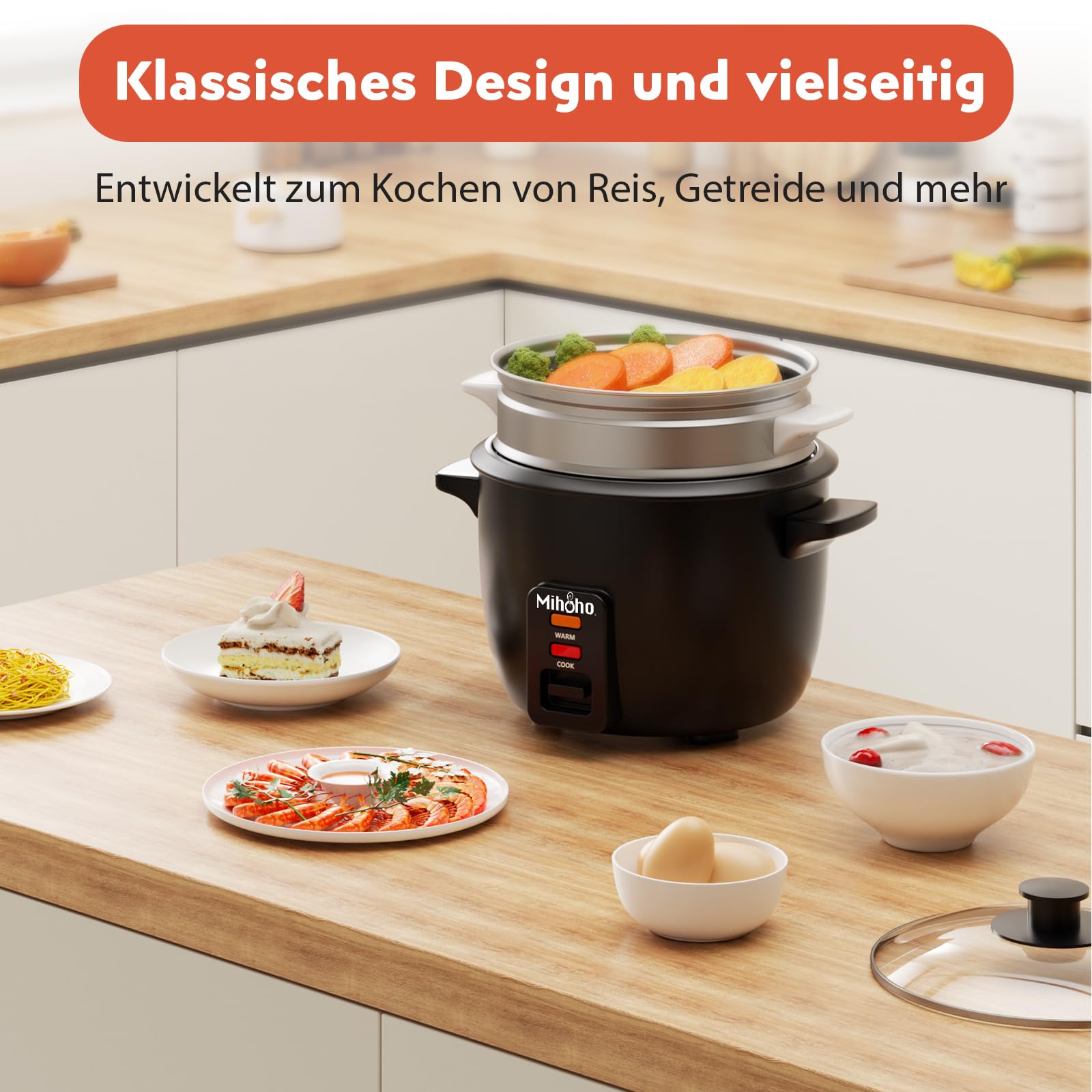 Rijstkoker, 2 liter, elektrische rijstkoker roestvrijstalen kom met glazen deksel, warmhoudfunctie, stoommand, incl. stoominzet, lepel, maatbeker ( zwart E