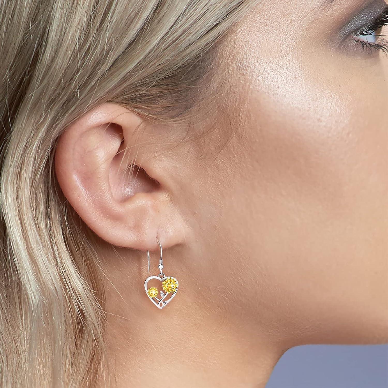 Silver Sunflower Heart Earrings for Women - 925 Sterling Silver Opal Sunflowers/Daisy Heart Dangle Hoop Earring, Valentines Mothers Day Christmas Gifts Jewelry for Her - Image 4