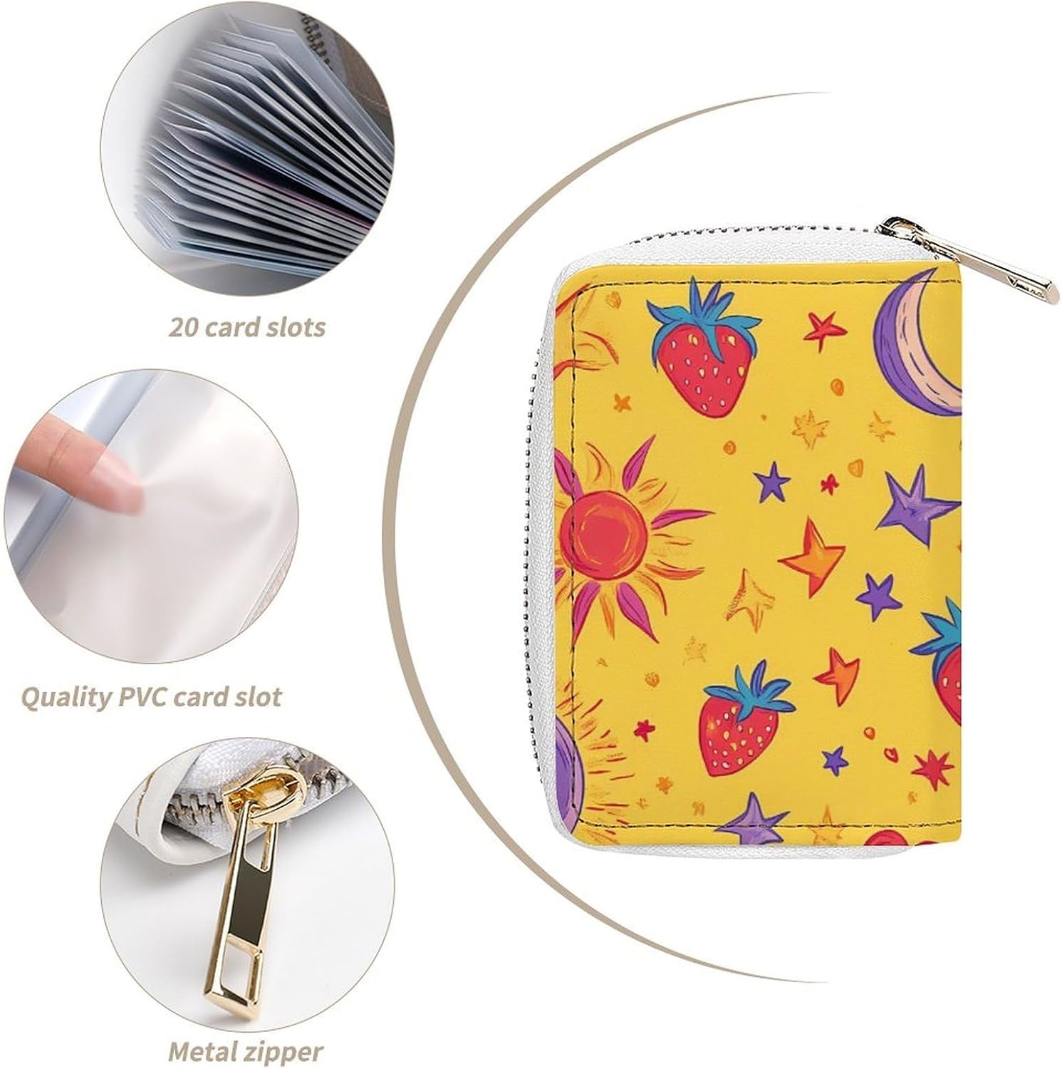 Vintage Celestial Moon Strawberry Small Business Credit Card Holder Wallet with 20 Card Slots Case Coin Purse Pouch