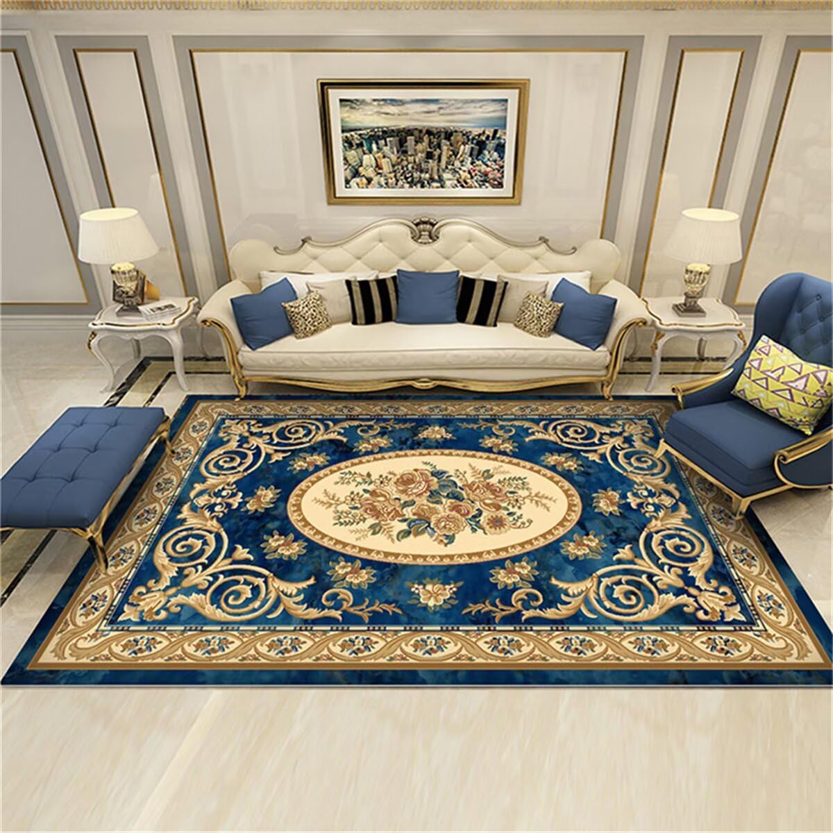 Tapis de chambre garçon 80x120cm bleu : paillasson intérieur vintage de salon