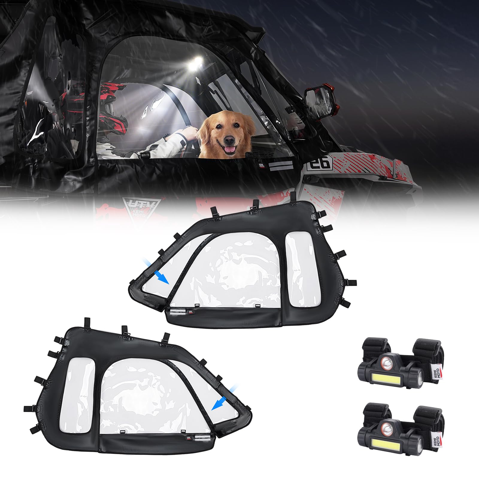KEMIMOTO Soft Upper Doors Fit with Side Mirrors and Windshields with UTV Dome Light, Compatible with Polaris RZR XP 1000 / XP Turbo 2014-2023 2 Seater