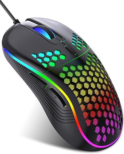 JYCSTE Wired Gaming Mouse, Computer Mouse Ergonomic Mice Honeycomb Design with RGB Backlight, 6 Buttons, 7200 Adjustable DPI for PCMacLaptop