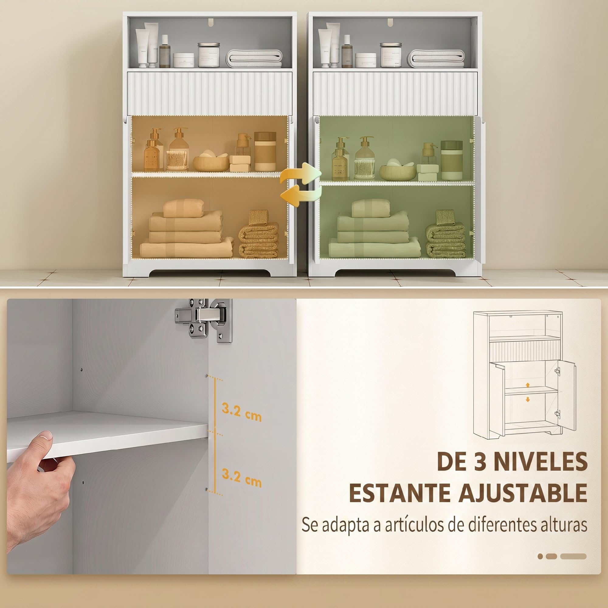 HOMCOM Armario de Baño Estrecho con Estante Ajustable 60x30x91,5 cm Blanco | Mueble de Baño, Cajón de Frontal Acanalado, Estante Abierto, 2 Puertas, Estilo Moderno