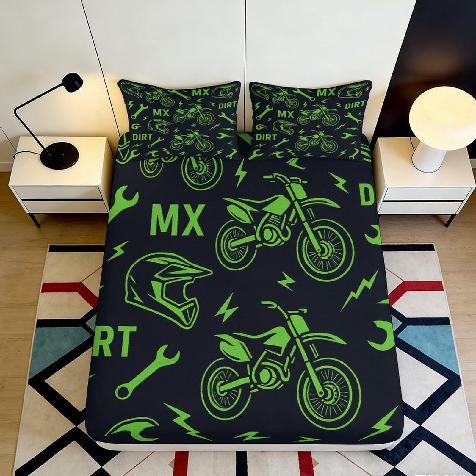 3D Printed Motocross Green Black Fitted Sheet Microfiber Durable Soft Dirt Bike Helmet Bed Cover for Bedroom Dormitory Guest Room Mattress Protection 140x200x25cm