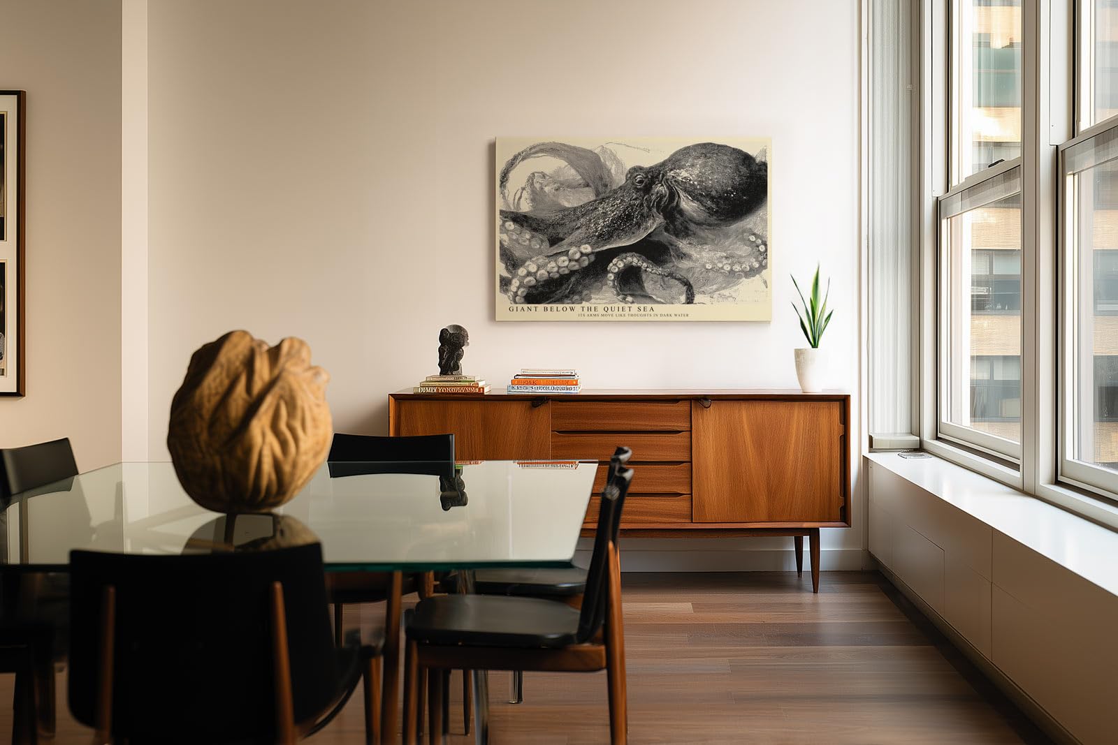 Paul Sinus Wandbild 150x100cm Oktopus Illustration Meereskunst Schwarz Weiss Vintage Naturstudie