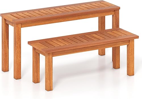 Tangkula Juego de 2 bancos sin respaldo para exteriores, bancos de patio de madera maciza con asiento de listones, banco de entrada de madera