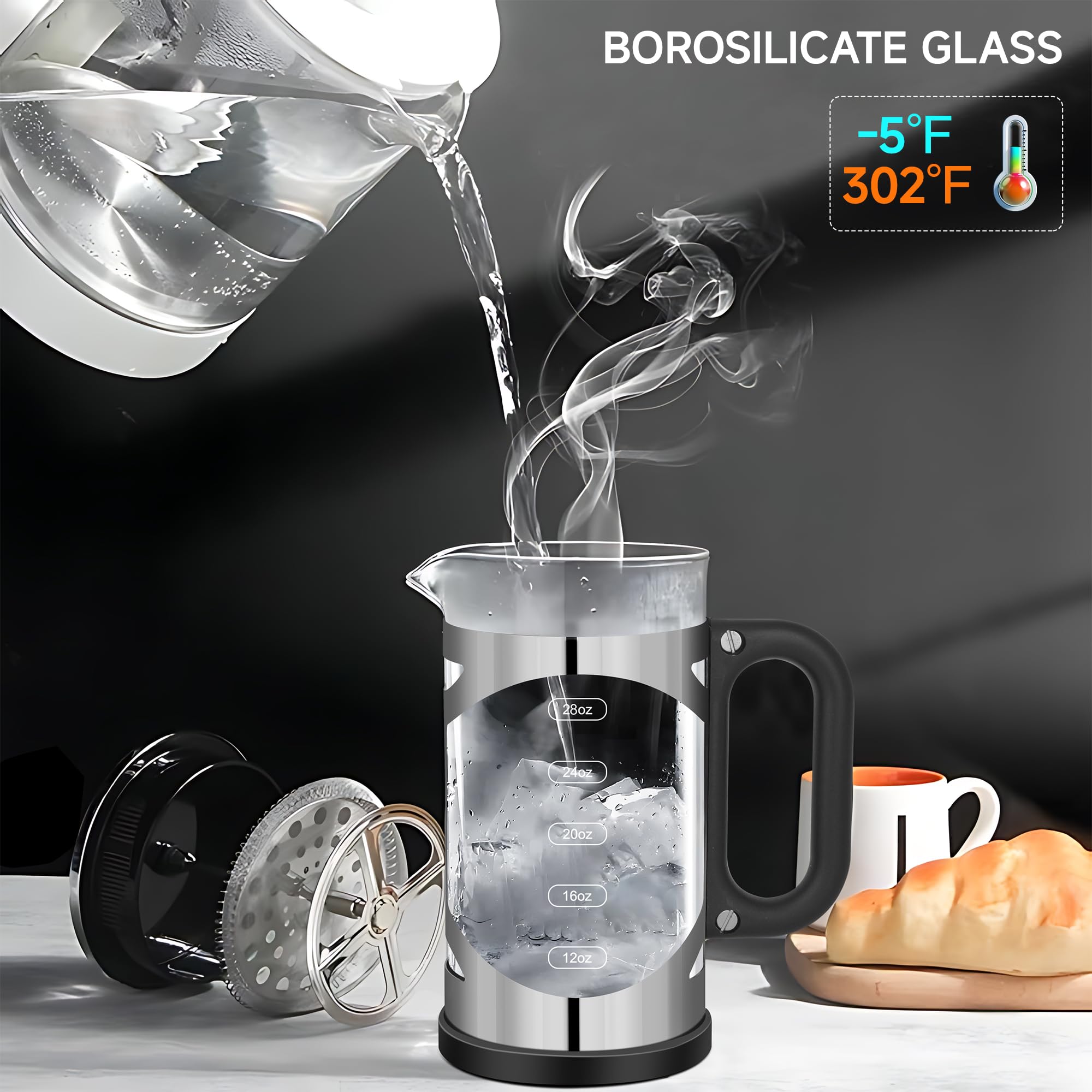 YMMIND Cafetera de prensa francesa de 34 onzas, prensa de café de acero inoxidable cromado, con sistema de filtro de 4 niveles, vidrio de borosilicato de grosor resistente al calor, cafetera preparada