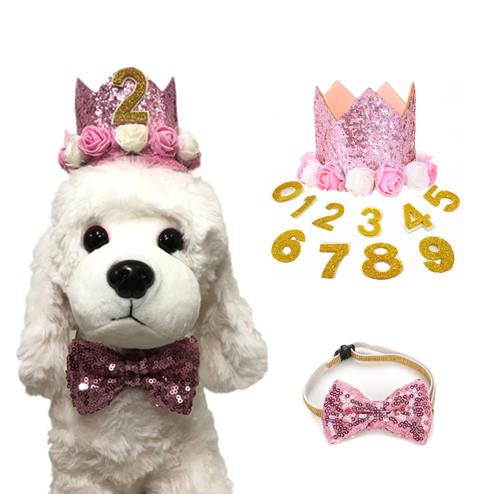 ElionlessDog Birthday Hat, Pet Cat Dog Birthday Crown Hat and Bowtie with 0-9 Figures Charms Party Accessories for Small Medium Puppy Kitten (PINK)